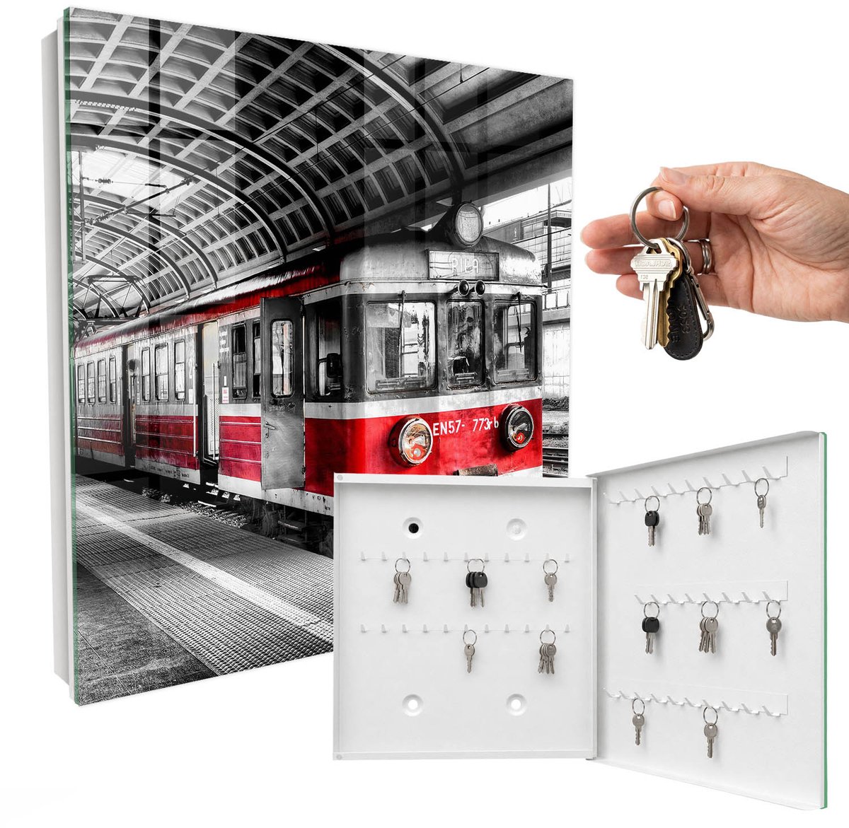 WallMuralia - Sleutelkast - 30x30x5 cm - met 50 haken - Spoorwegsymmetrie Sleutelkastje Industrieel - Zwart Sleutelbox - Rechtsopenend - Wit interieur