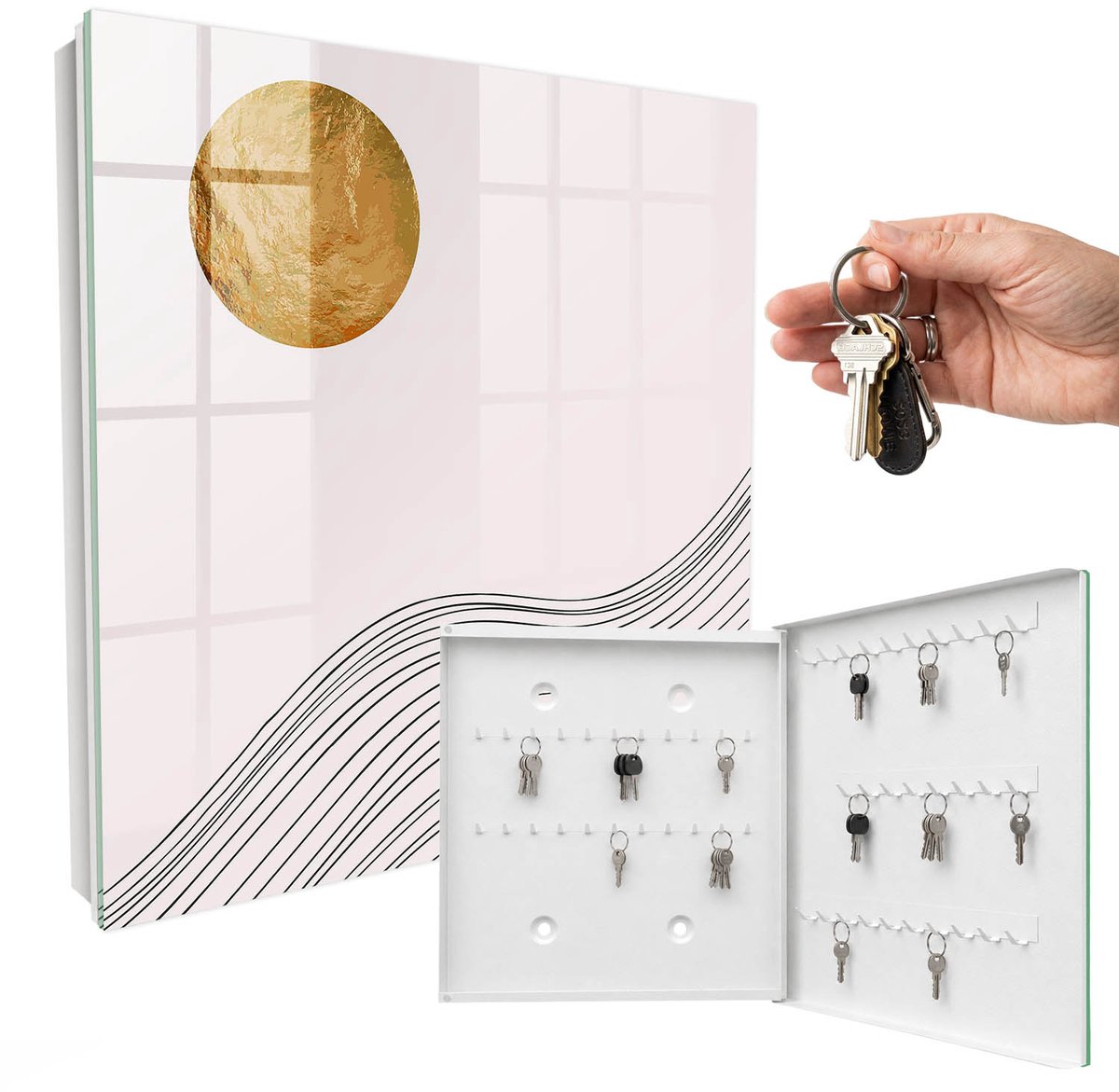 WallMuralia - Sleutelkast - 30x30x5 cm - met 50 haken - Golven En Cirkel Sleutelkastje Klein - Beige Sleutelbox - Rechtsopenend - Wit interieur