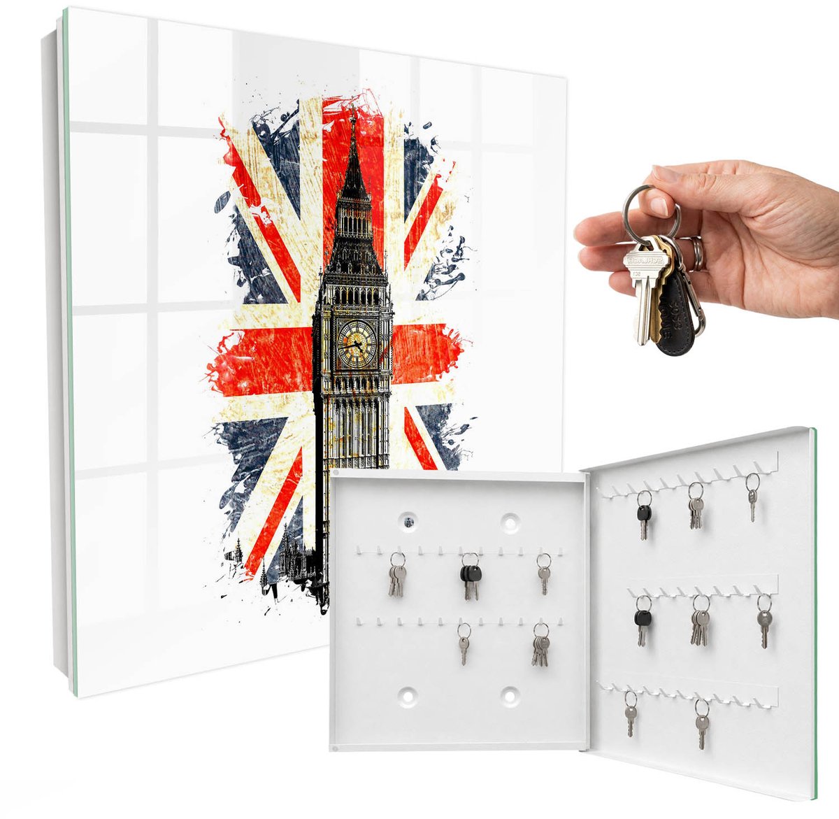 WallMuralia - Sleutelkast - 30x30x5 cm - met 50 haken - Brits Symbool Sleutelkastje Voor Binnen - Rood Sleutelbox - Rechtsopenend - Wit interieur