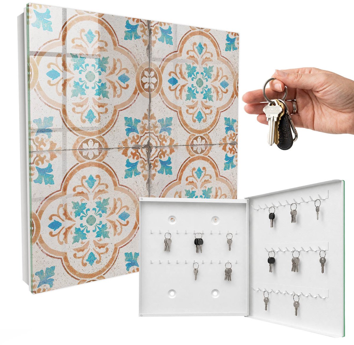 WallMuralia - Sleutelkast - 30x30x5 cm - met 50 haken - Tegelpatroon Sleutelkastje - Grijs Sleutelbox - Rechtsopenend - Wit interieur