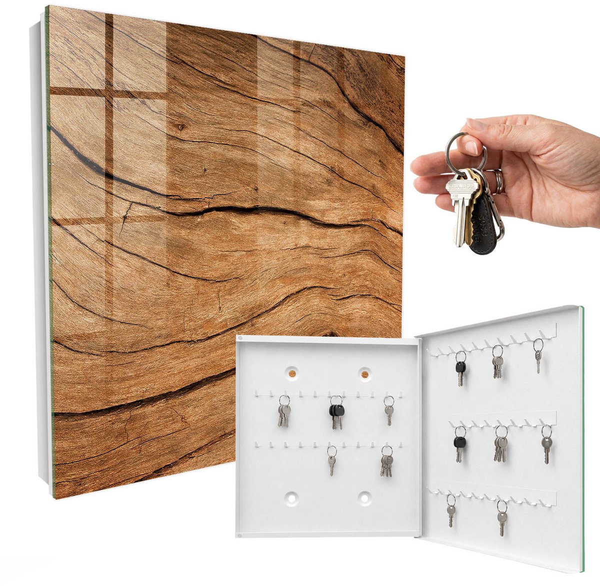 WallMuralia - Sleutelkast - 30x30x5 cm - met 50 haken - Houtstructuur Sleutelkastje Landelijk - Bruin Sleutelbox - Rechtsopenend - Wit interieur