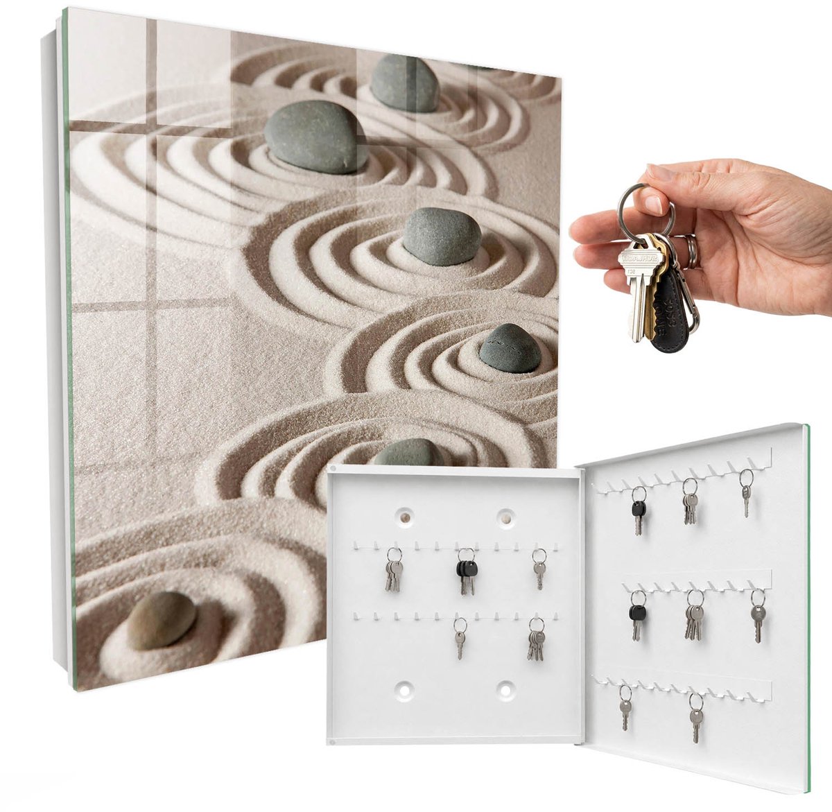 WallMuralia - Sleutelkast - 30x30x5 cm - met 50 haken - Zen-Vrede Groot Sleutelkastje - Beige Sleutelbox - Rechtsopenend - Wit interieur