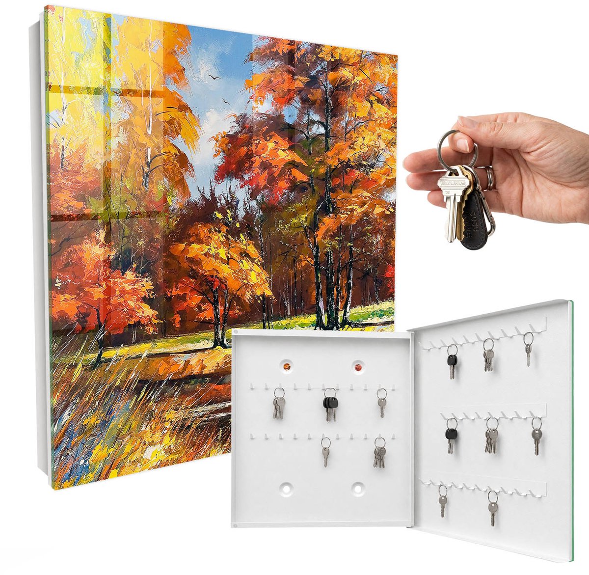 WallMuralia - Sleutelkast - 30x30x5 cm - met 50 haken - Herfstlandschap Sleutelkastje Muur - Oranje Sleutelbox - Rechtsopenend - Wit interieur