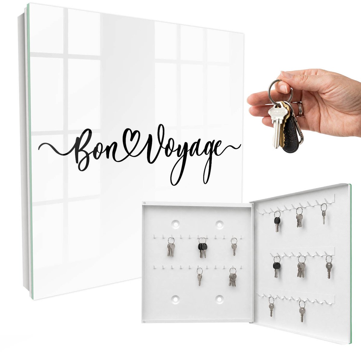 WallMuralia - Sleutelkast - 30x30x5 cm - met 50 haken - Reis Van Het Hart Sleutelkastje Modern - Zwart Sleutelbox - Rechtsopenend - Wit interieur