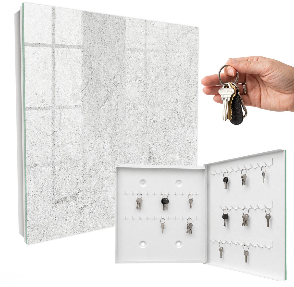WallMuralia - Sleutelkast - 30x30x5 cm - met 50 haken - Kwetsbare Steen Design Sleutelkastje - Wit Sleutelbox - Rechtsopenend - Wit interieur