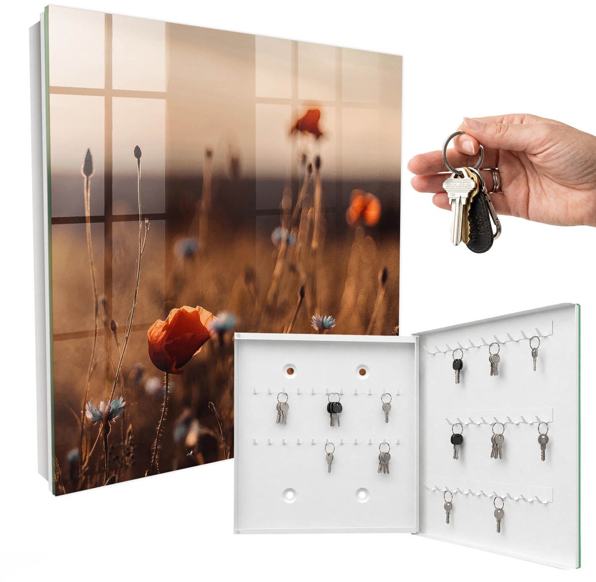 WallMuralia - Sleutelkast - 30x30x5 cm - met 50 haken - Klaprozenvelden Sleutelkastje Gang - Bruin Sleutelbox - Rechtsopenend - Wit interieur