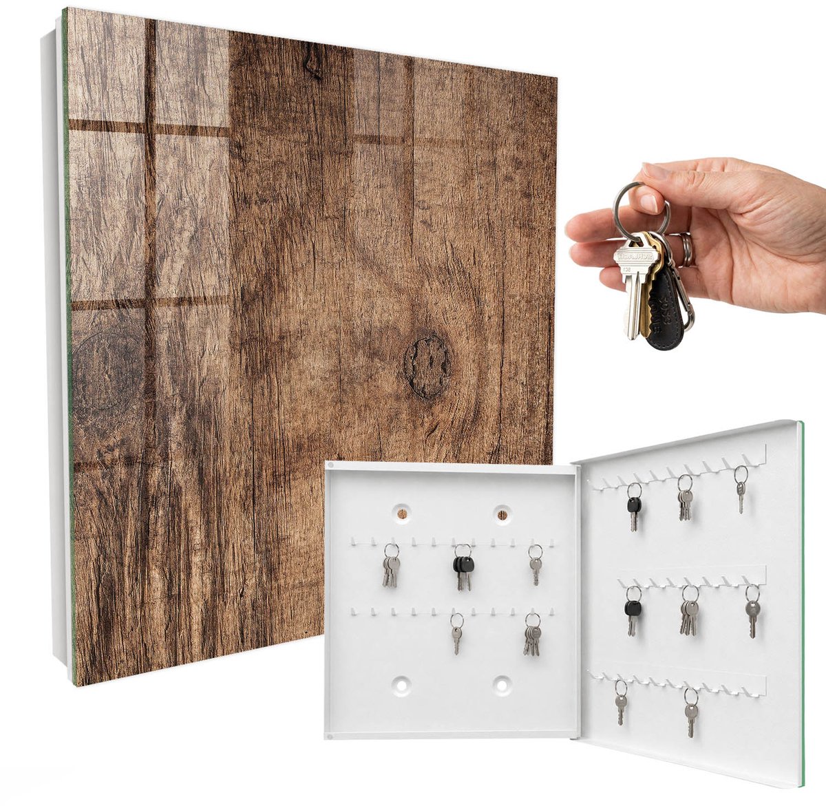 WallMuralia - Sleutelkast - 30x30x5 cm - met 50 haken - Houtstructuur Sleutelkastje Binnen - Bruin Sleutelbox - Rechtsopenend - Wit interieur