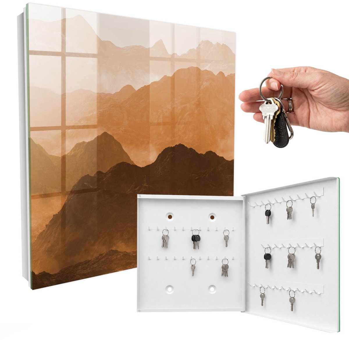 WallMuralia - Sleutelkast - 30x30x5 cm - met 50 haken - Bergpanorama Sleutelkastje Muur - Oranje Sleutelbox - Rechtsopenend - Wit interieur