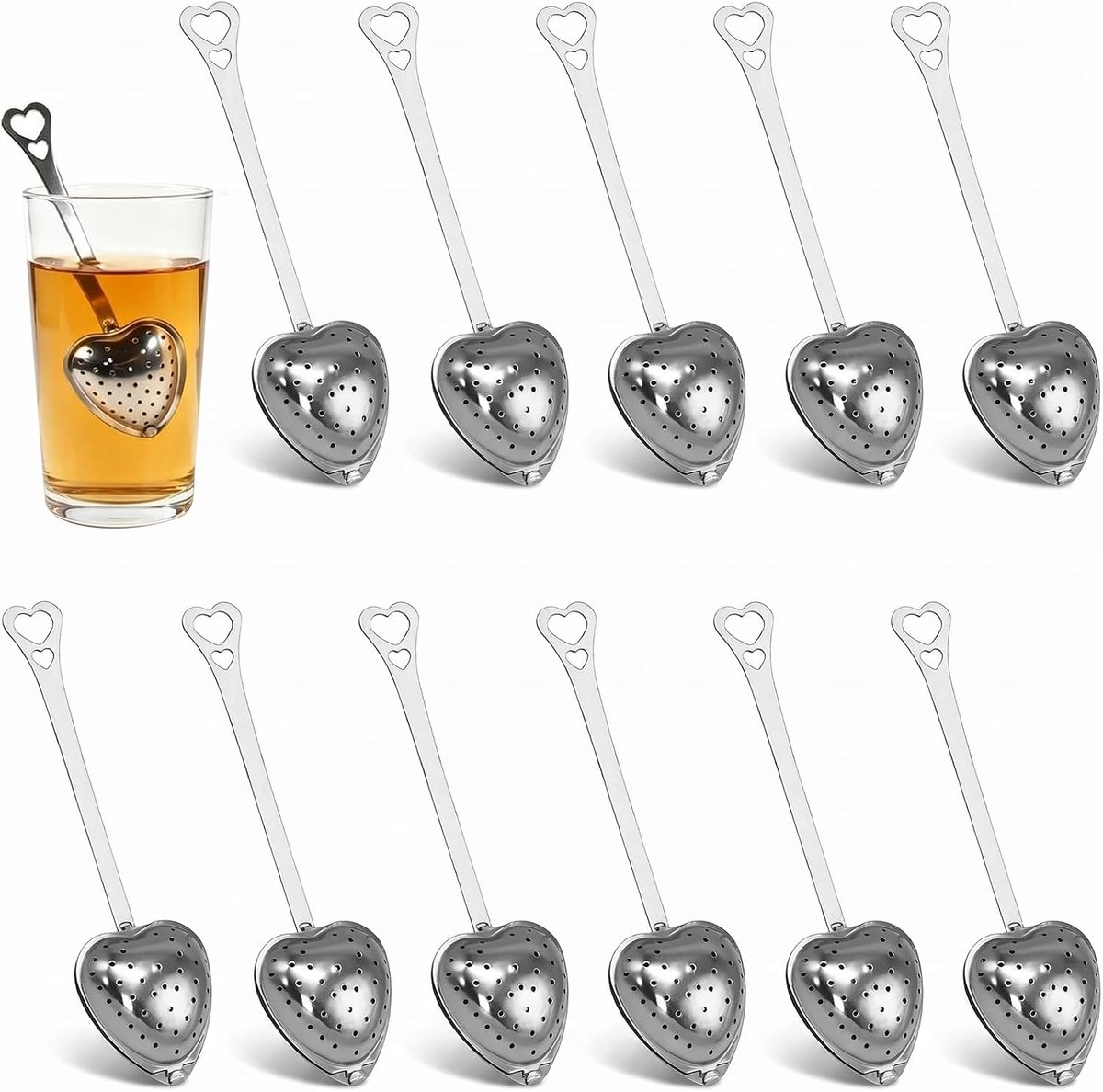 12-delige theezeefset voor losse thee, hartvormige theezeefbal, 14x4