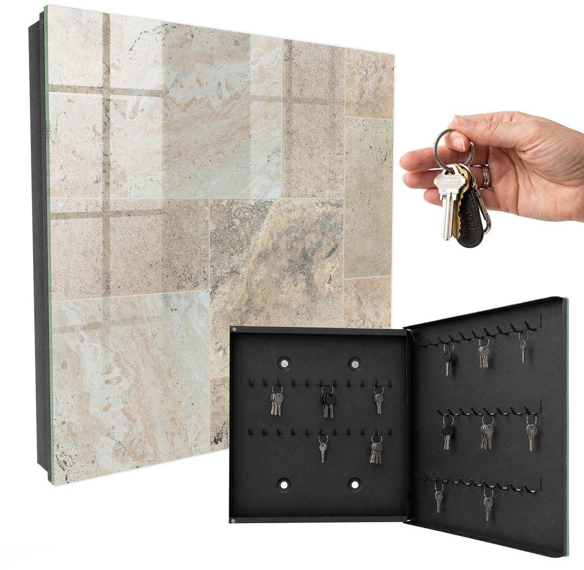 WallMuralia - Sleutelkast - 30x30x5 cm - met 50 haken - Marmeren Tegels Sleutelkastje Design - Beige Sleutelbox - Rechtsopenend - Zwart interieur
