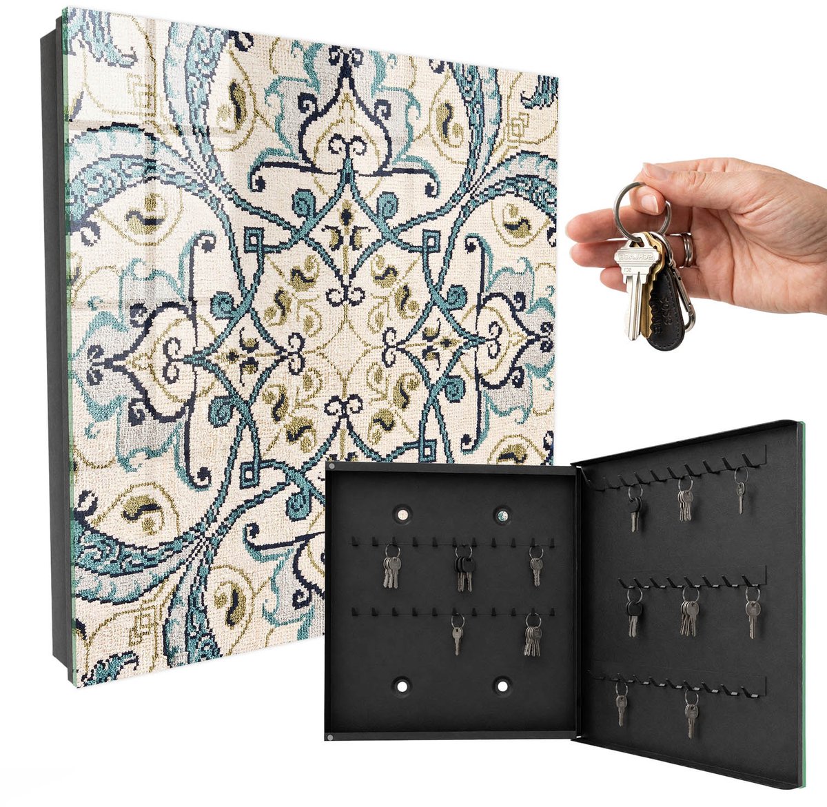 WallMuralia - Sleutelkast - 30x30x5 cm - met 50 haken - Turkooizen Ornament Groot Sleutelkastje - Beige Sleutelbox - Rechtsopenend - Zwart interieur