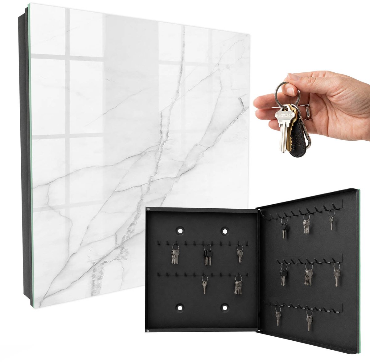 WallMuralia - Sleutelkast - 30x30x5 cm - met 50 haken - Marmeren Elegantie Sleutelkastje Hal - Wit Sleutelbox - Rechtsopenend - Zwart interieur