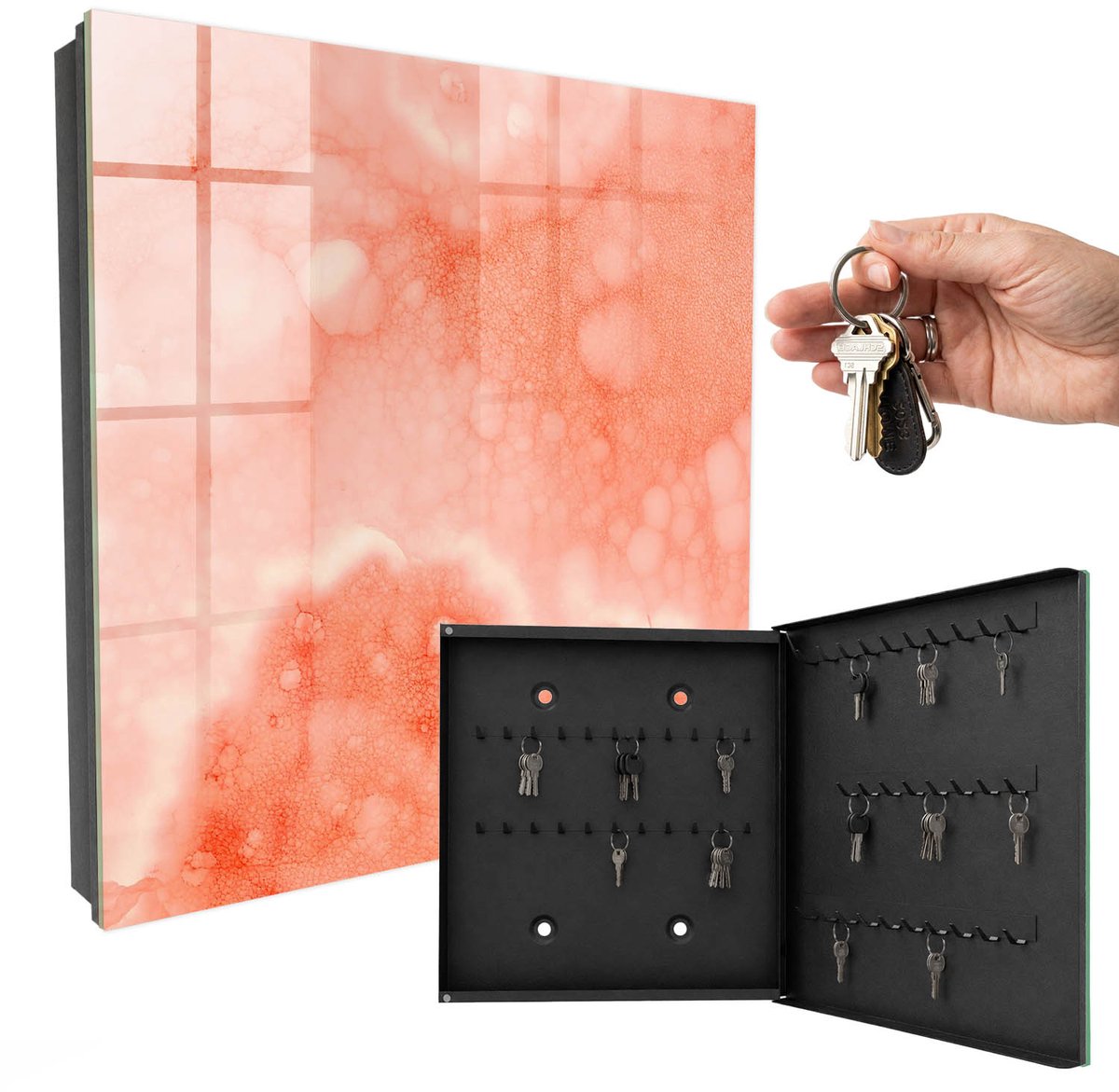 WallMuralia - Sleutelkast - 30x30x5 cm - met 50 haken - Oranje Abstractie Design Sleutelkastje - Oranje Sleutelbox - Rechtsopenend - Zwart interieur