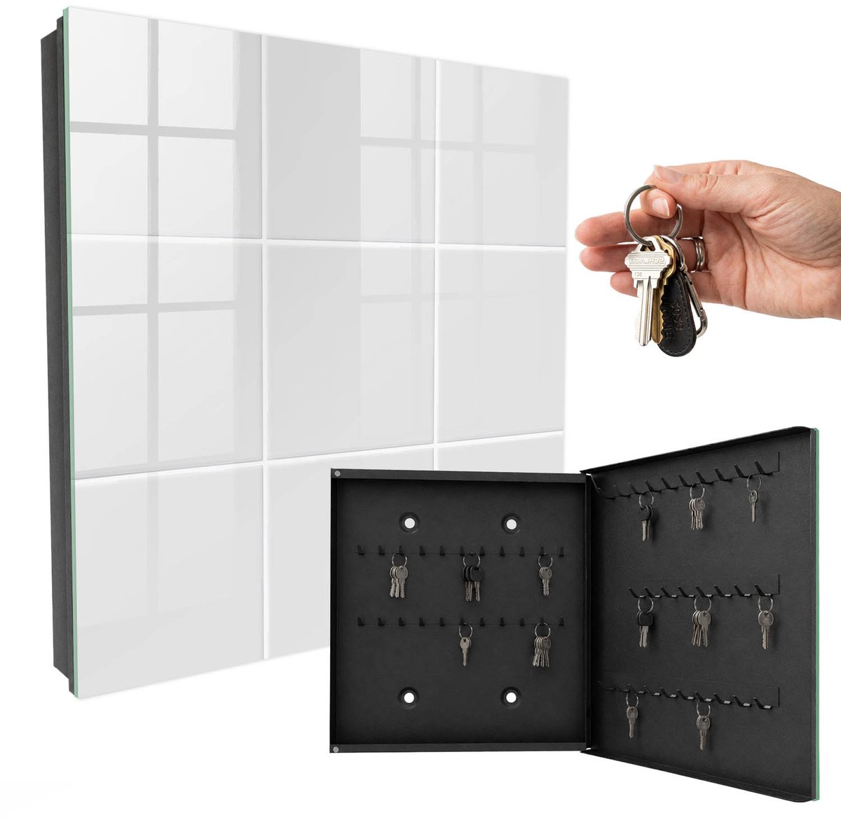 WallMuralia - Sleutelkast - 30x30x5 cm - met 50 haken - Lichte Tegels Sleutelkastje Muur - Wit Sleutelbox - Rechtsopenend - Zwart interieur