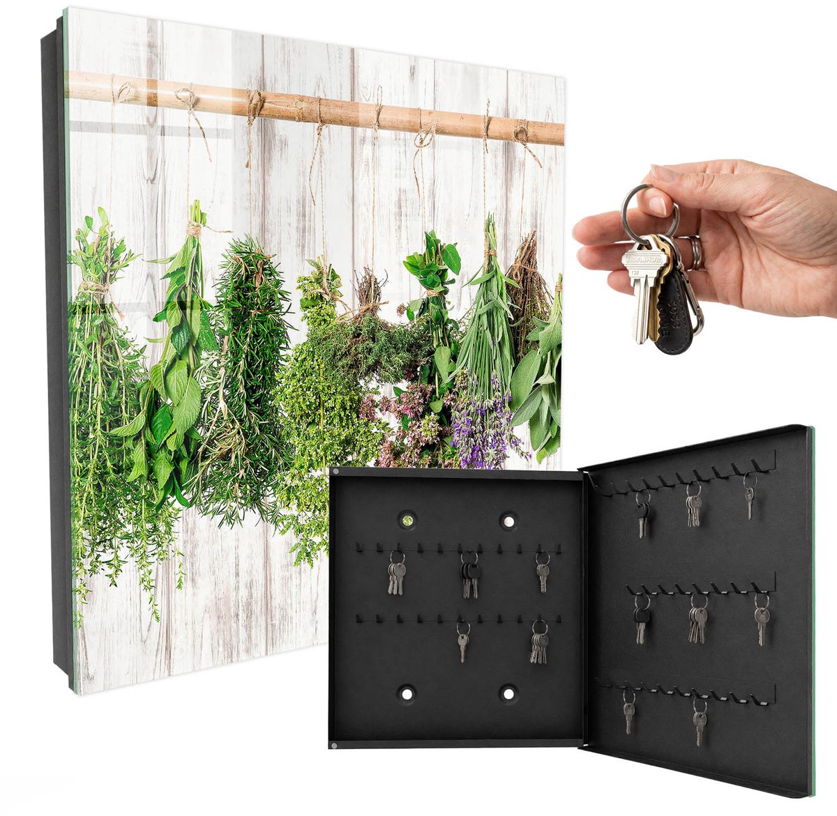WallMuralia - Sleutelkast - 30x30x5 cm - met 50 haken - Gedroogde Kruiden Sleutelkastje Klein - Groente Sleutelbox - Rechtsopenend - Zwart interieur