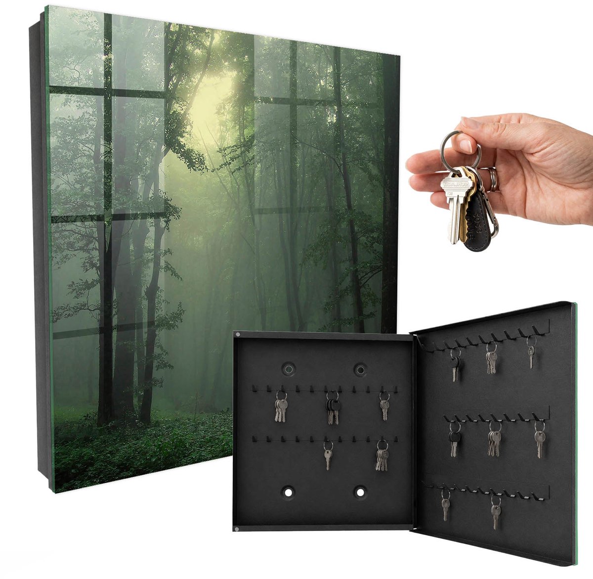 WallMuralia - Sleutelkast - 30x30x5 cm - met 50 haken - Bosmist Leuk Sleutelkastje - Groente Sleutelbox - Rechtsopenend - Zwart interieur