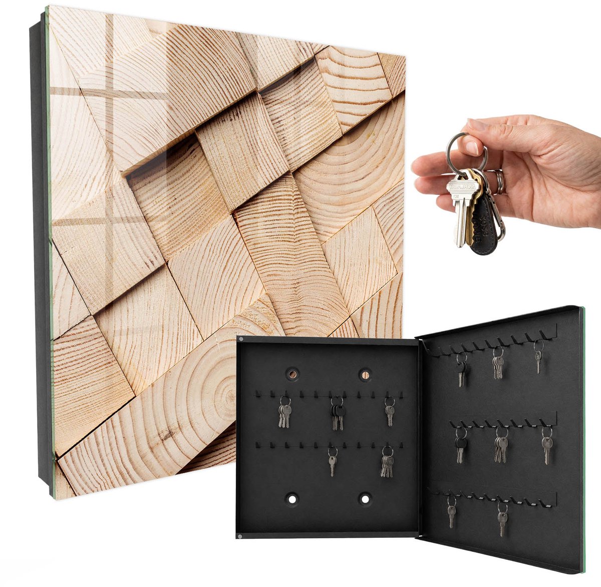 WallMuralia - Sleutelkast - 30x30x5 cm - met 50 haken - Houtstructuur Groot Sleutelkastje - Beige Sleutelbox - Rechtsopenend - Zwart interieur