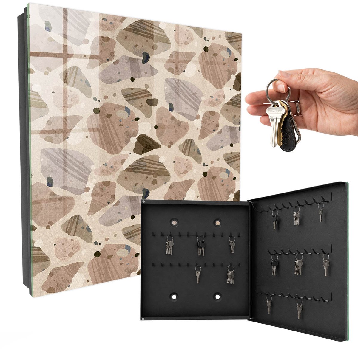 WallMuralia - Sleutelkast - 30x30x5 cm - met 50 haken - Organische Samenstellingen Leuk Sleutelkastje - Beige Sleutelbox - Rechtsopenend - Zwart interieur