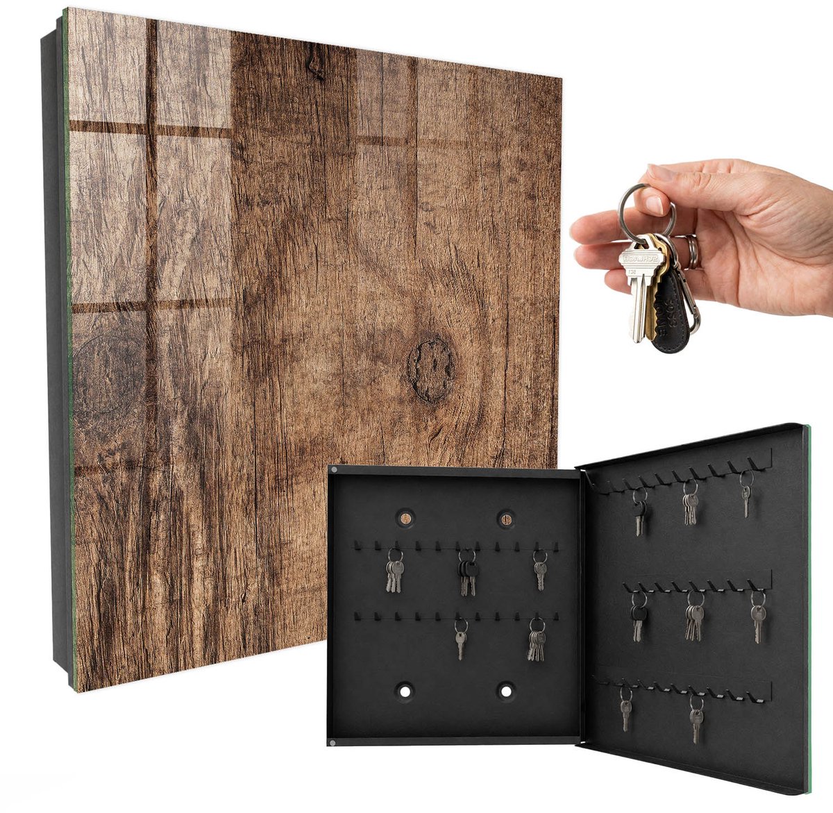 WallMuralia - Sleutelkast - 30x30x5 cm - met 50 haken - Houtstructuur Sleutelkastje - Bruin Sleutelbox - Rechtsopenend - Zwart interieur
