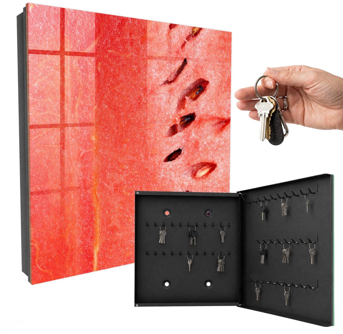 WallMuralia - Sleutelkast - 30x30x5 cm - met 50 haken - Sappige Watermeloen Groot Sleutelkastje - Rood Sleutelbox - Rechtsopenend - Zwart interieur
