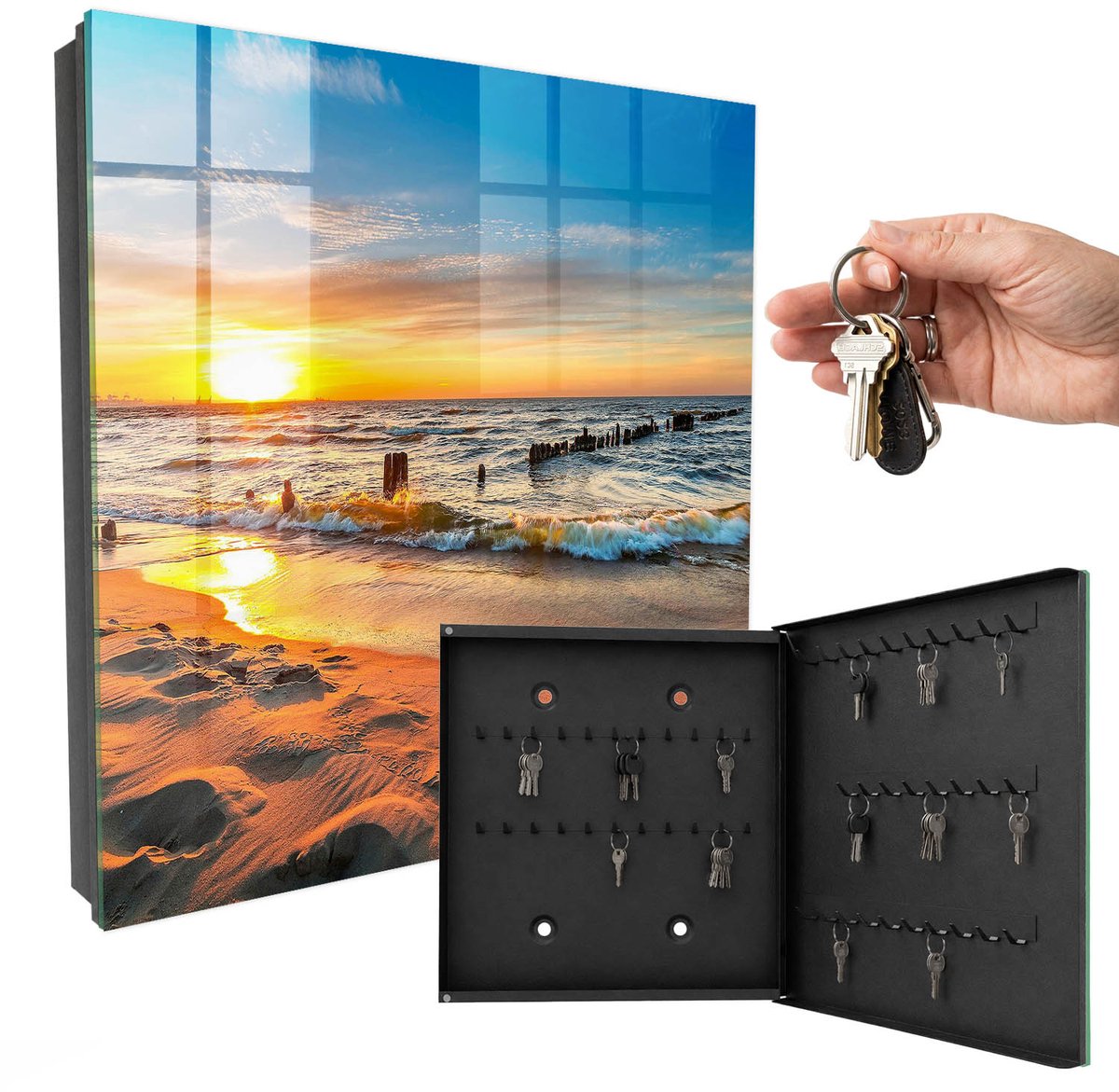 WallMuralia - Sleutelkast - 30x30x5 cm - met 50 haken - Zonsondergang Sleutelkastje - Geel Sleutelbox - Rechtsopenend - Zwart interieur