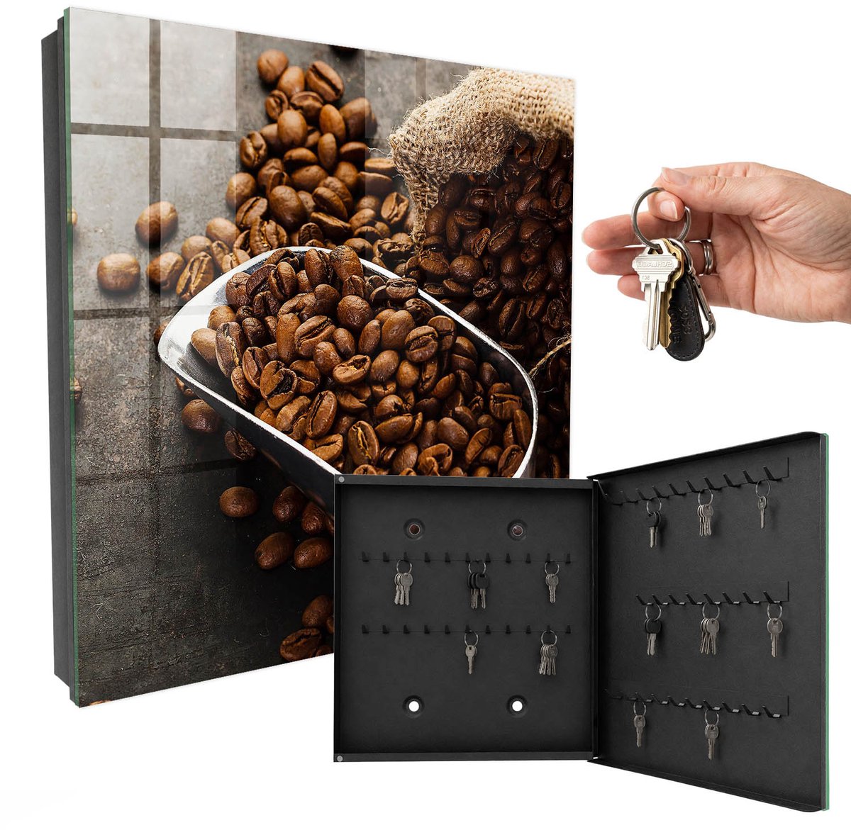 WallMuralia - Sleutelkast - 30x30x5 cm - met 50 haken - Koffiebonen Sleutelkastje - Bruin Sleutelbox - Rechtsopenend - Zwart interieur