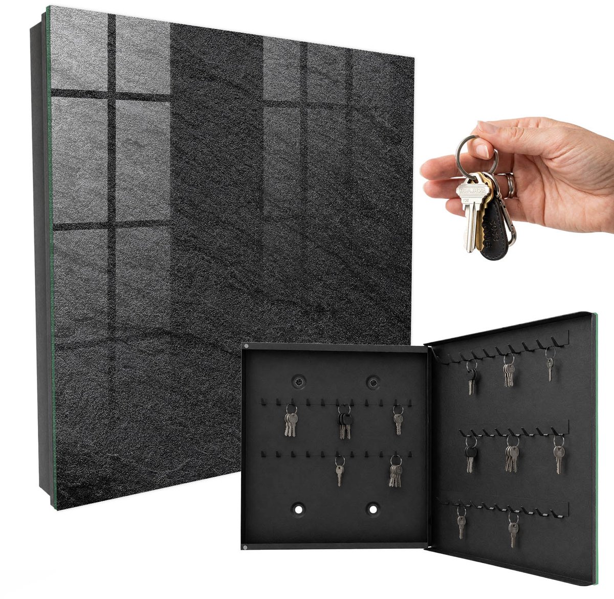 WallMuralia - Sleutelkast - 30x30x5 cm - met 50 haken - Grijze Steen Sleutelkastje - Zwart Sleutelbox - Rechtsopenend - Zwart interieur