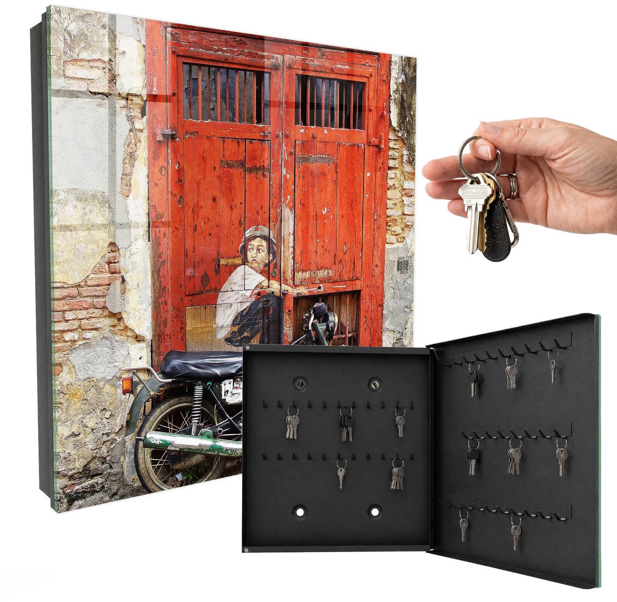 WallMuralia - Sleutelkast - 30x30x5 cm - met 50 haken - Straatkunst Sleutelkastje Gang - Rood Sleutelbox - Rechtsopenend - Zwart interieur