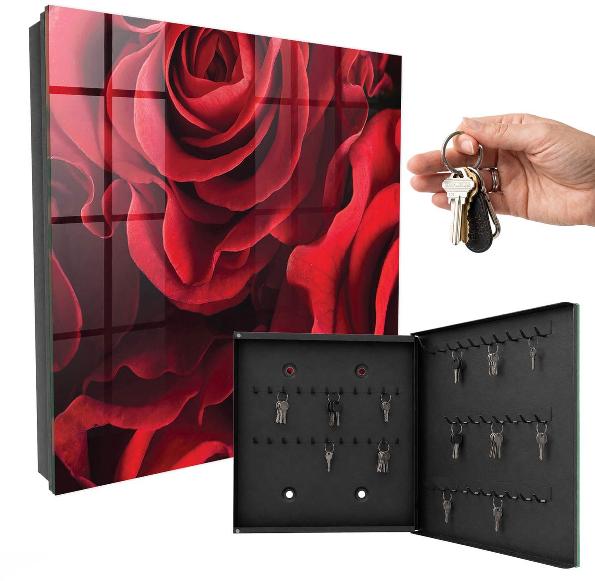 WallMuralia - Sleutelkast - 30x30x5 cm - met 50 haken - Rode Rozen Sleutelkastje Binnen - Rood Sleutelbox - Rechtsopenend - Zwart interieur
