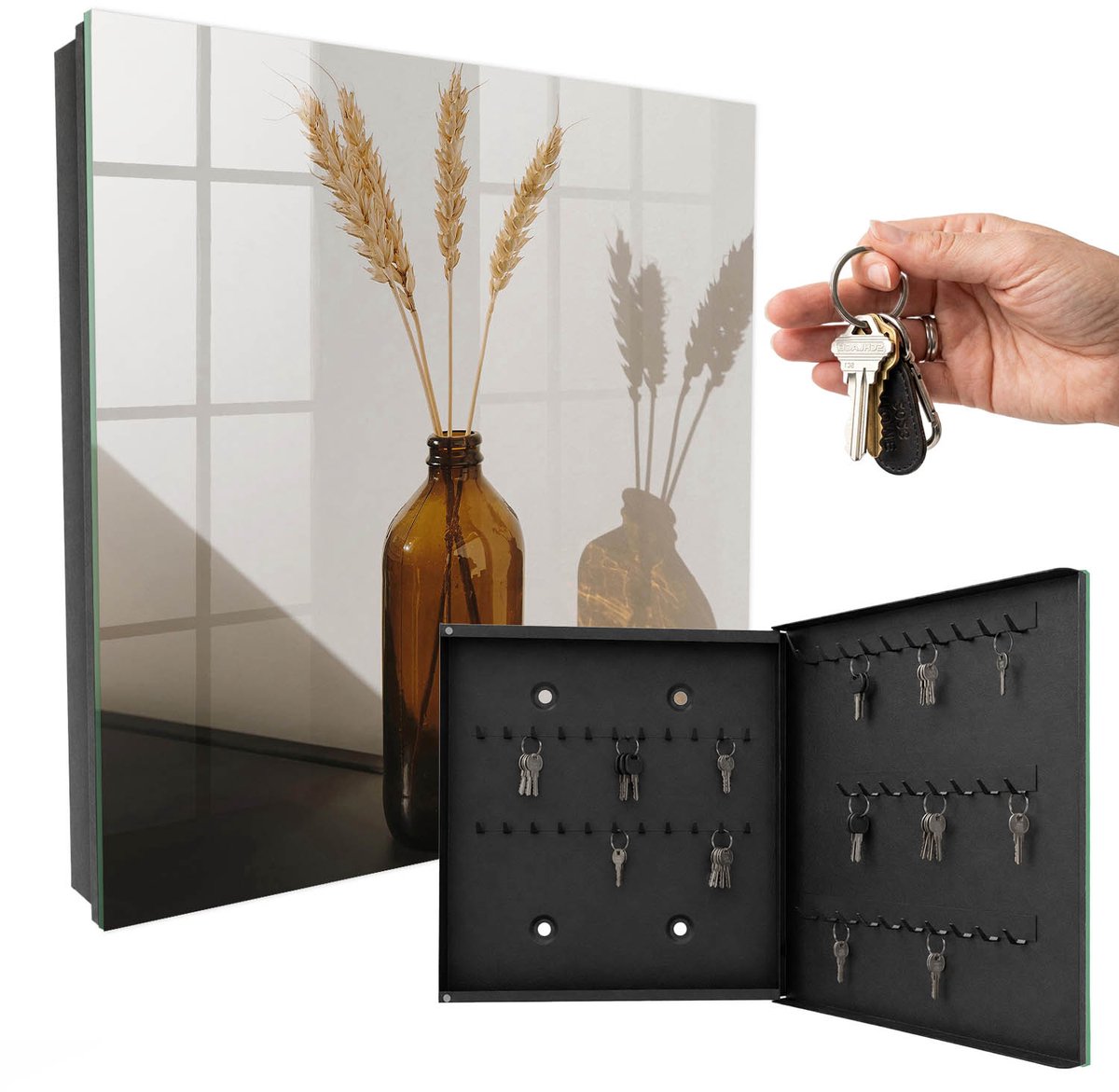 WallMuralia - Sleutelkast - 30x30x5 cm - met 50 haken - Een Fles Ontbijtgranen Sleutelkastje Design - Beige Sleutelbox - Rechtsopenend - Zwart interieur