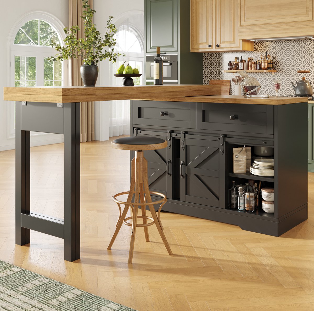 MIVRAY Keuken Eiland - Uitschuifbare Eettafel Met 360 Graden Draaibare Panelen - Zwart Eikenlook - MDF - 120 Tot 197 Cm