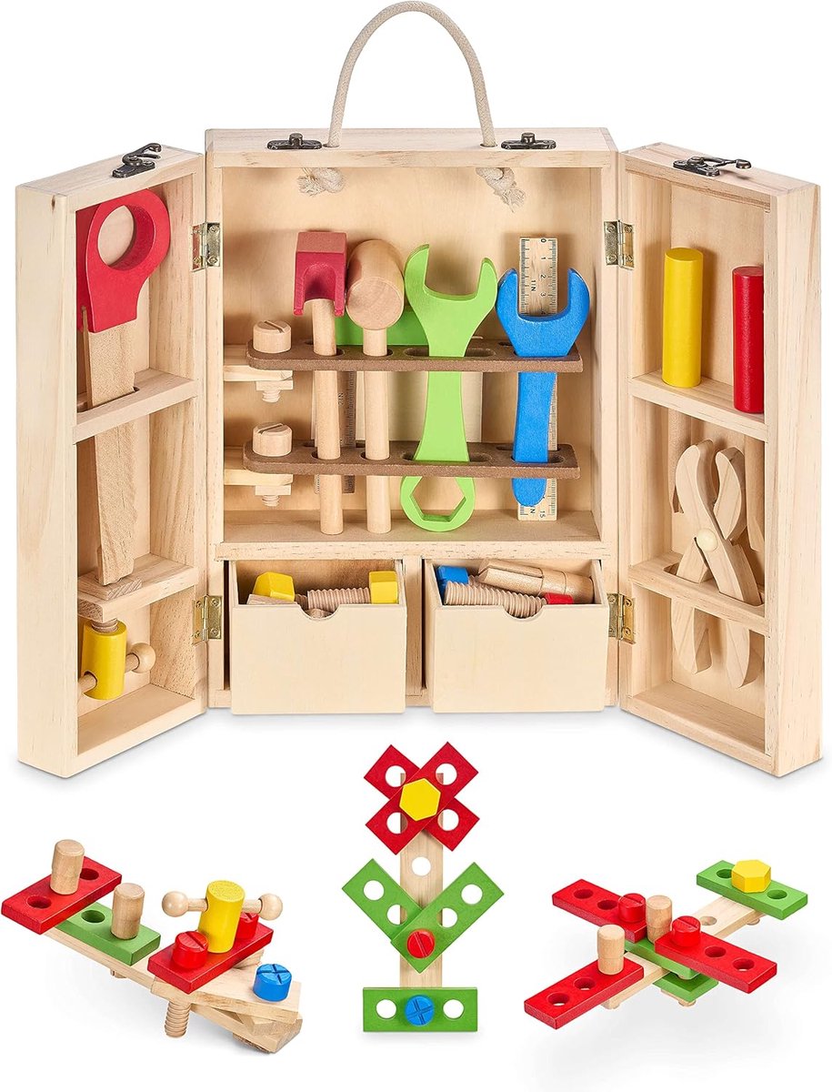 BOX KINDEREN, houten speelgoed hamer, zaag, schroevendraaier, liniaal, tang, bankschroef, werkbank set, speelgoed vanaf 3 jaar