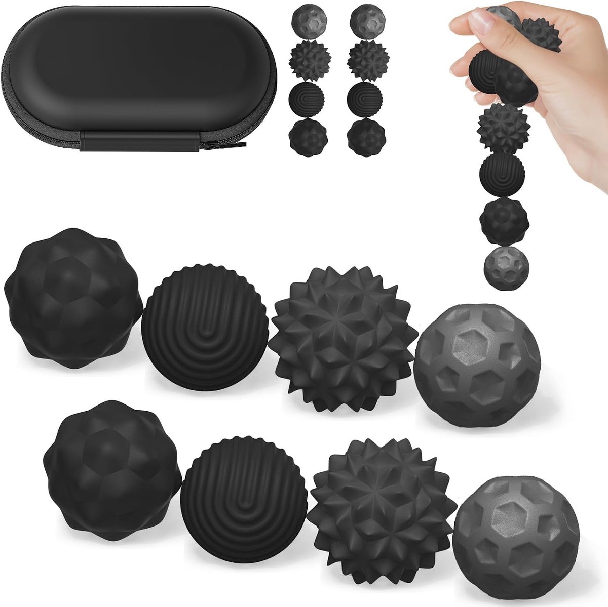 sensorische stressballen, 8 stuks getextureerde siliconen magnetische sensorische fidgetballen voor motorische vaardigheden, leuke magneetbol voor ADHD, autisme en stressverlichting (zwart