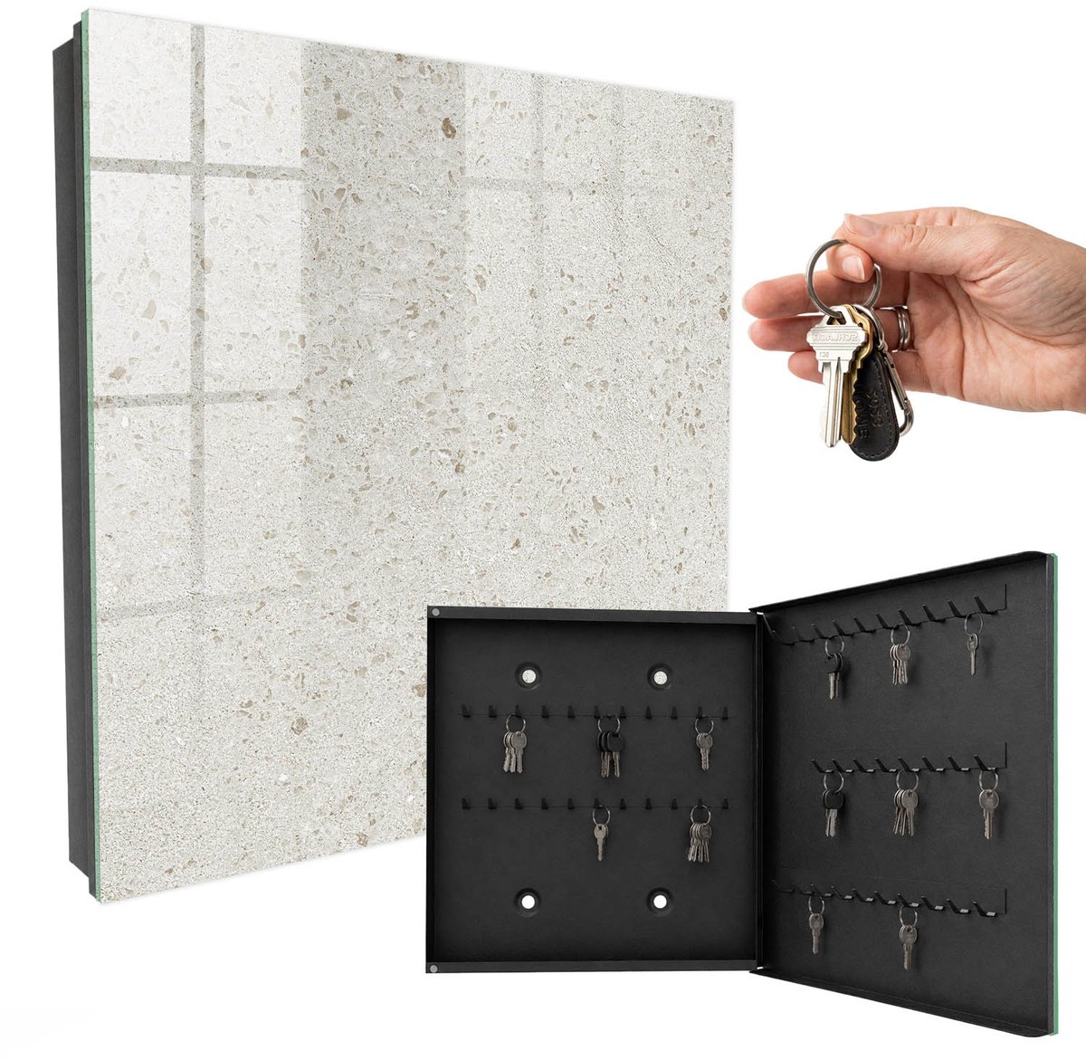 WallMuralia - Sleutelkast - 30x30x5 cm - met 50 haken - Beige Steen Sleutelkastje Industrieel - Beige Sleutelbox - Rechtsopenend - Zwart interieur
