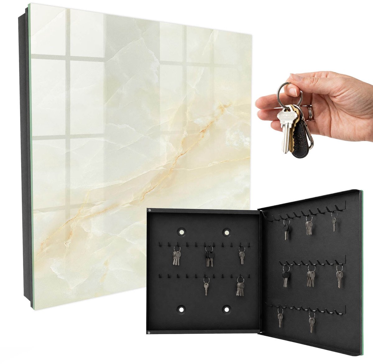 WallMuralia - Sleutelkast - 30x30x5 cm - met 50 haken - De Elegantie Van Marmer Sleutelkastje Landelijk - Romig Sleutelbox - Rechtsopenend - Zwart interieur