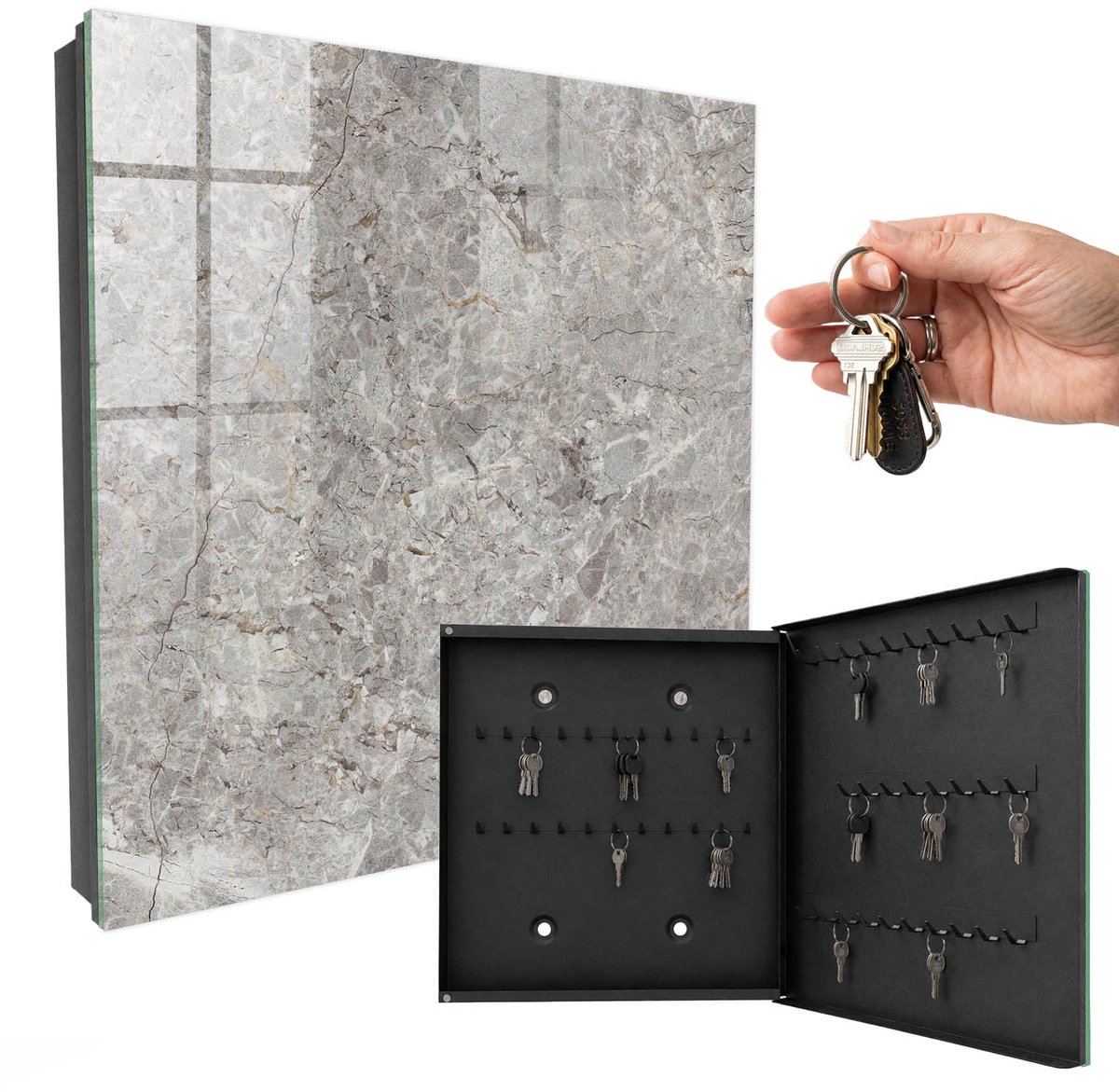 WallMuralia - Sleutelkast - 30x30x5 cm - met 50 haken - Marmeren Achtergrond Sleutelkastje Modern - Grijs Sleutelbox - Rechtsopenend - Zwart interieur