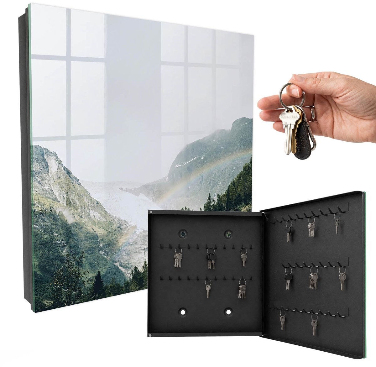 WallMuralia - Sleutelkast - 30x30x5 cm - met 50 haken - Regenbooggebergte Sleutelkastje Klein - Groente Sleutelbox - Rechtsopenend - Zwart interieur