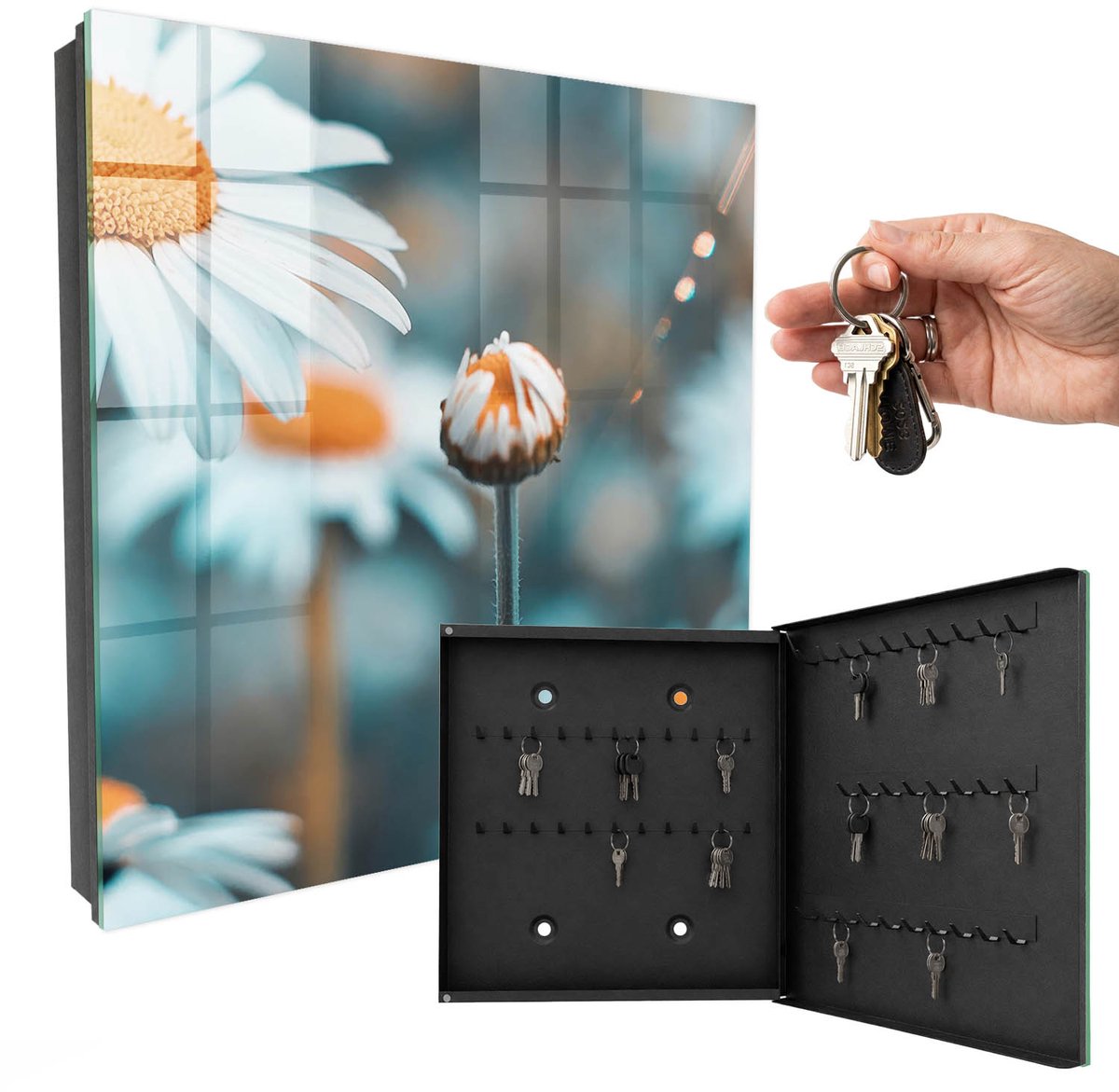 WallMuralia - Sleutelkast - 30x30x5 cm - met 50 haken - Bloemige Lichtheid Sleutelkastje Modern - Wit Sleutelbox - Rechtsopenend - Zwart interieur