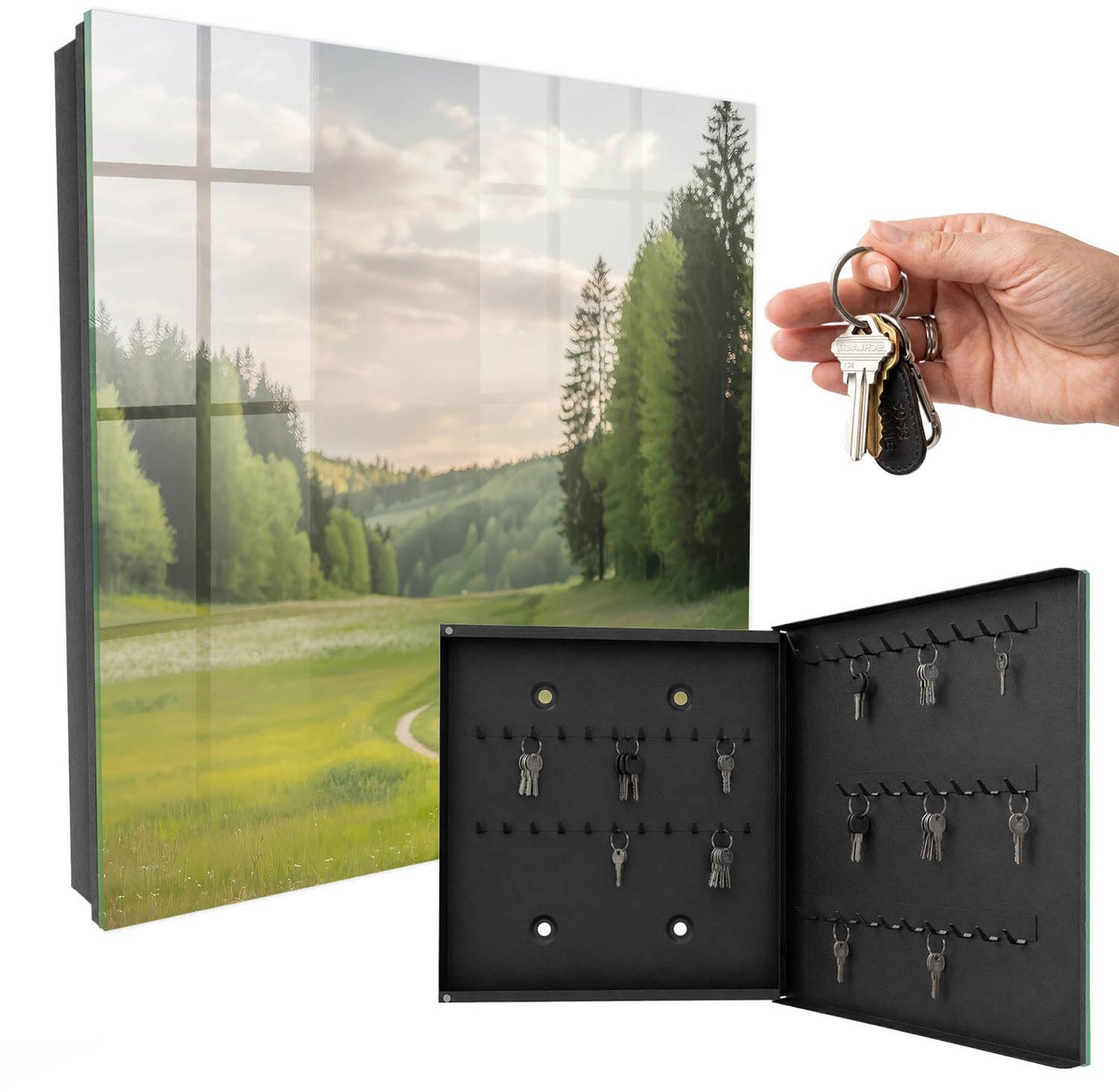 WallMuralia - Sleutelkast - 30x30x5 cm - met 50 haken - Idyllisch Landschap Sleutelkastje Huis - Groente Sleutelbox - Rechtsopenend - Zwart interieur