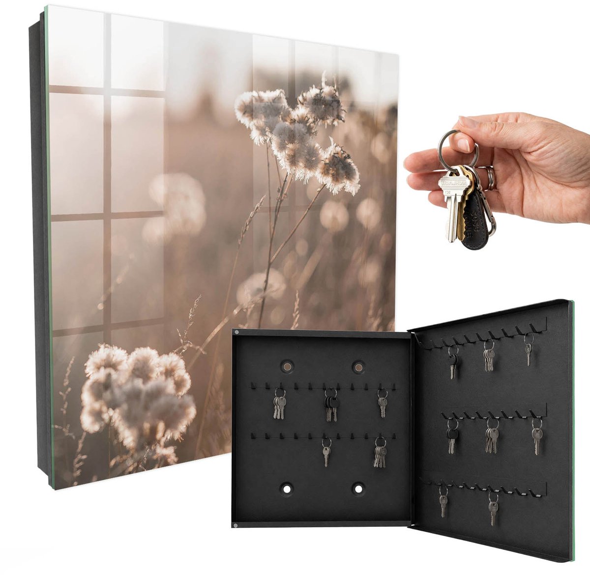 WallMuralia - Sleutelkast - 30x30x5 cm - met 50 haken - Natuurlijke Lichtheid Sleutelkastje Gang - Romig Sleutelbox - Rechtsopenend - Zwart interieur