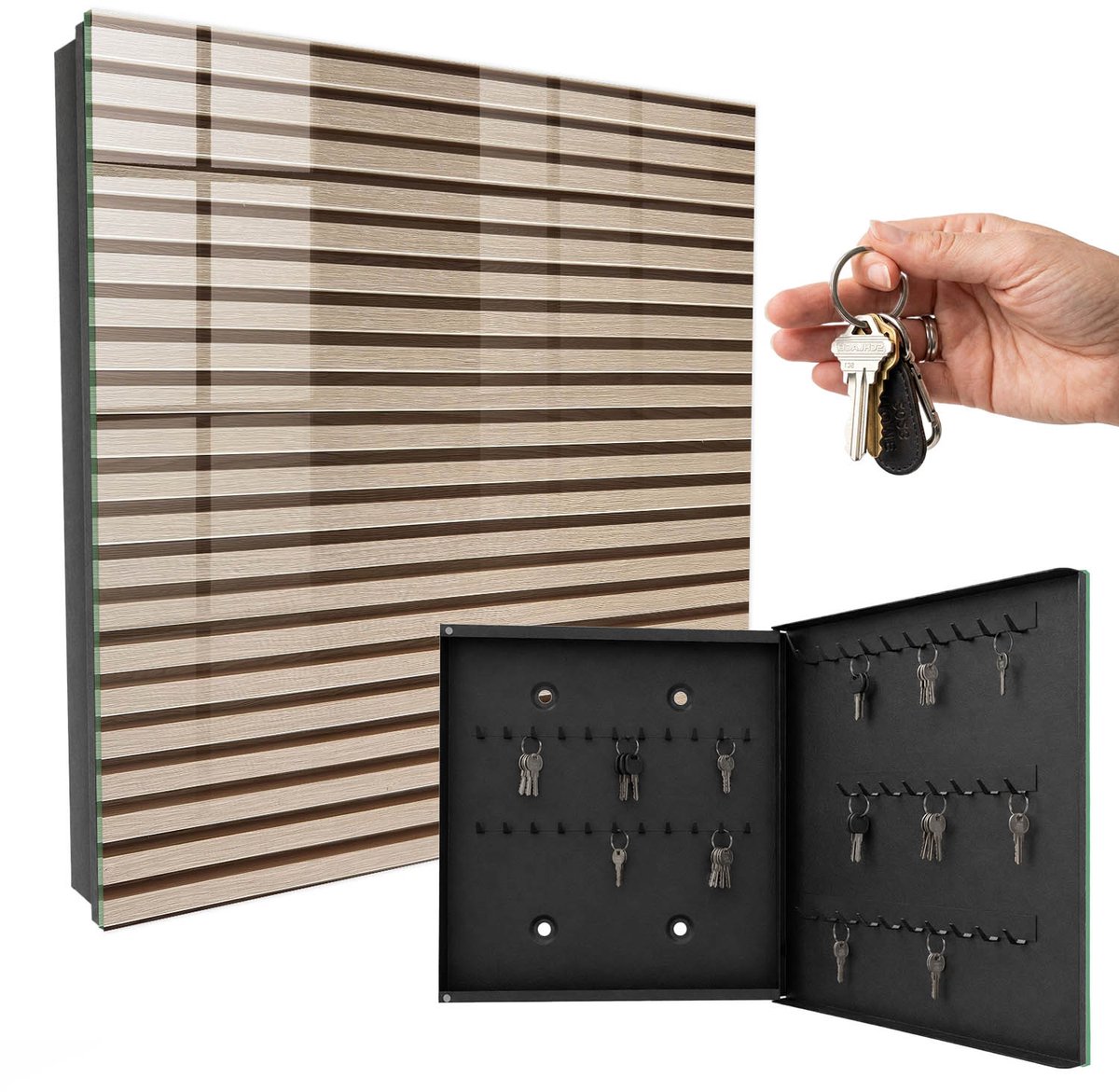 WallMuralia - Sleutelkast - 30x30x5 cm - met 50 haken - Warme Lijnen Sleutelkastje Voor Binnen - Beige Sleutelbox - Rechtsopenend - Zwart interieur