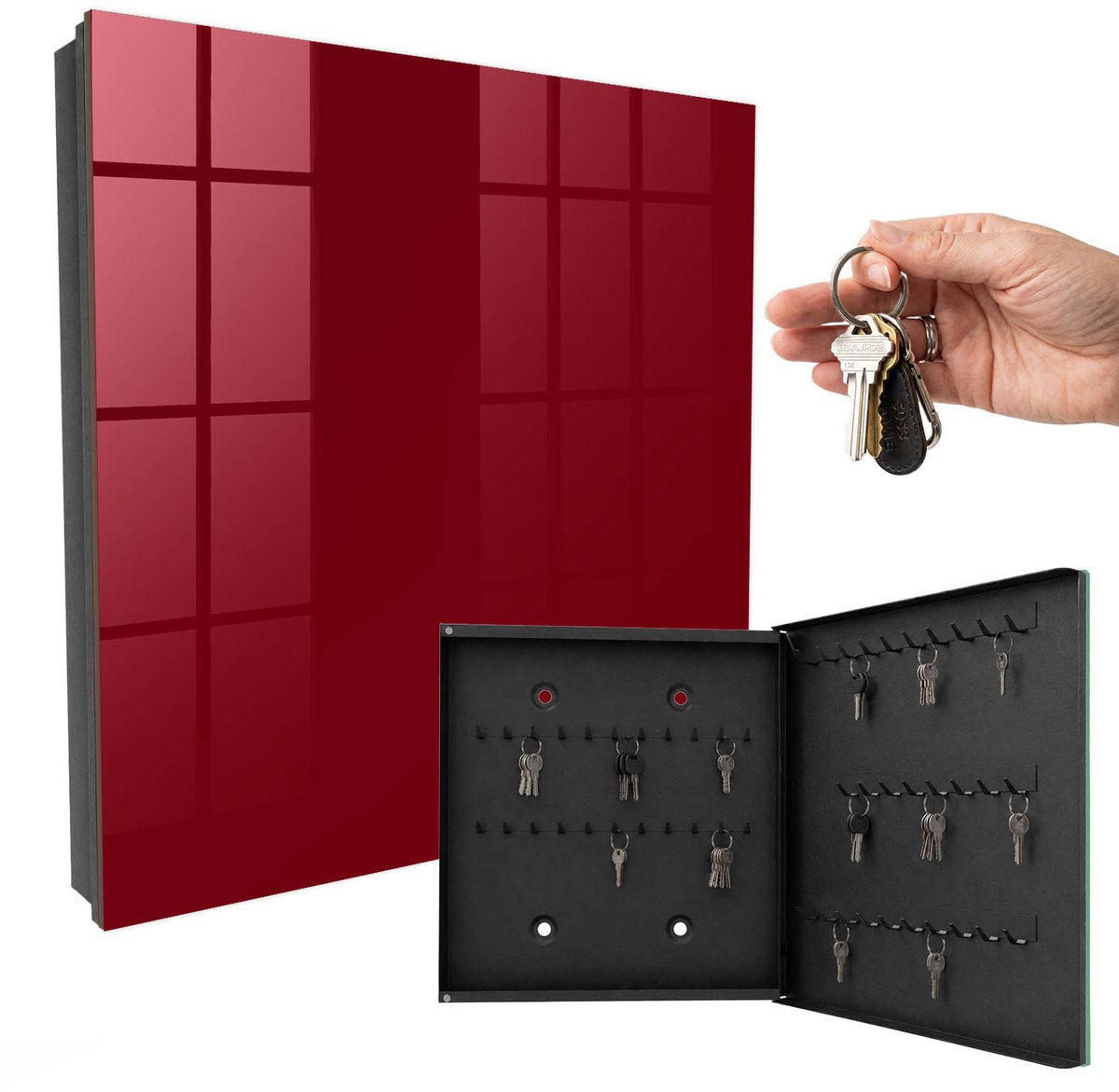 WallMuralia - Sleutelkast - 30x30x5 cm - met 50 haken - Levendig Bordeauxrood Sleutelkastje Voor Binnen - Bordeaux Sleutelbox - Rechtsopenend - Zwart interieur