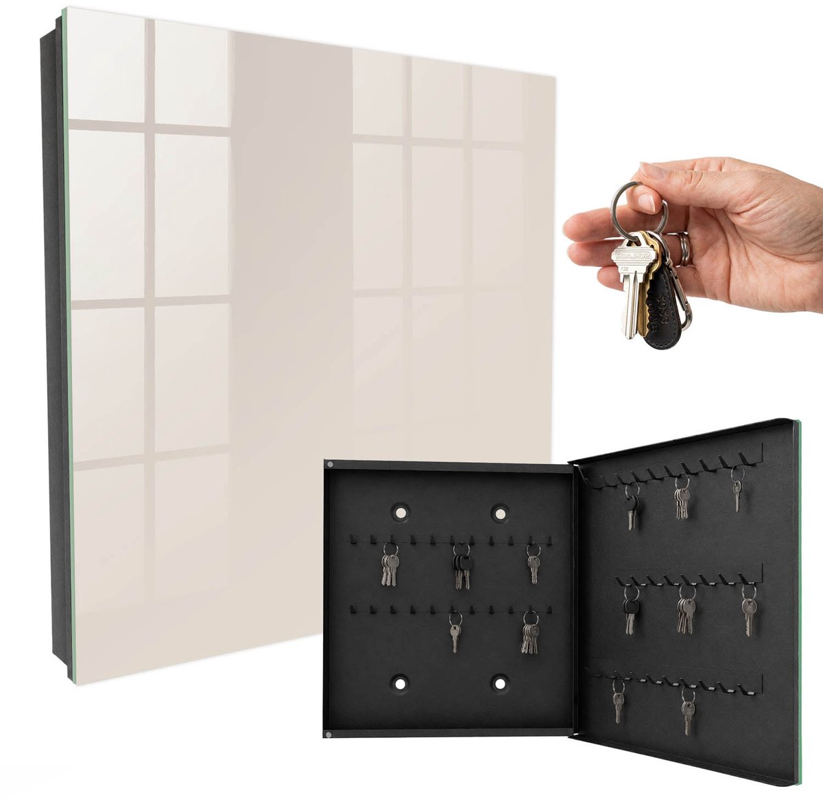 WallMuralia - Sleutelkast - 30x30x5 cm - met 50 haken - Beige Steen Sleutelkastje Design - Romig Sleutelbox - Rechtsopenend - Zwart interieur