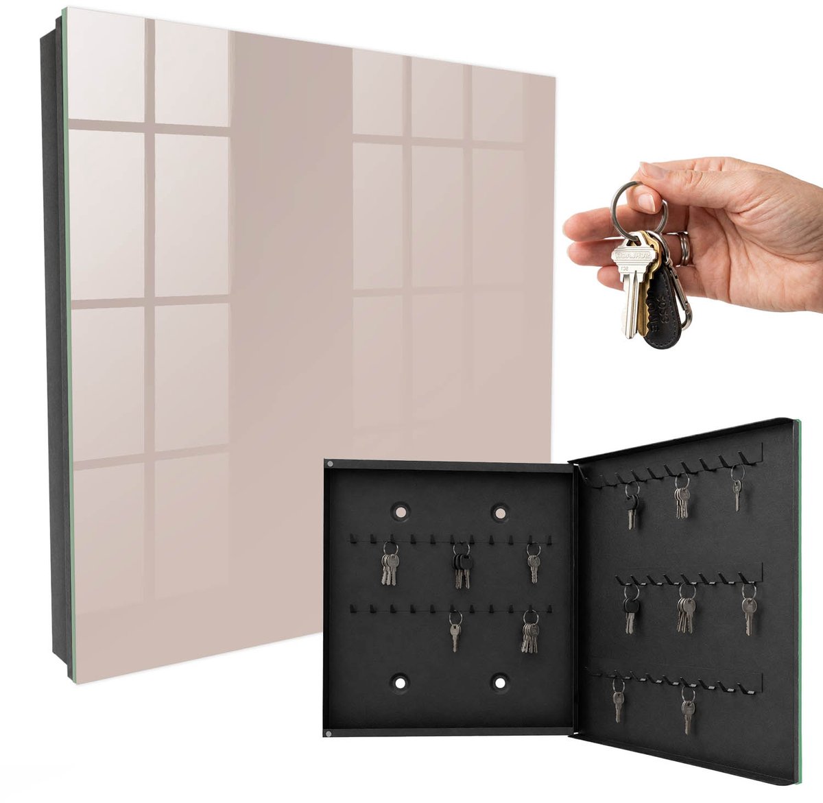 WallMuralia - Sleutelkast - 30x30x5 cm - met 50 haken - Warme, Gedempte Beigetint Sleutelkastje Hal - Beige Sleutelbox - Rechtsopenend - Zwart interieur