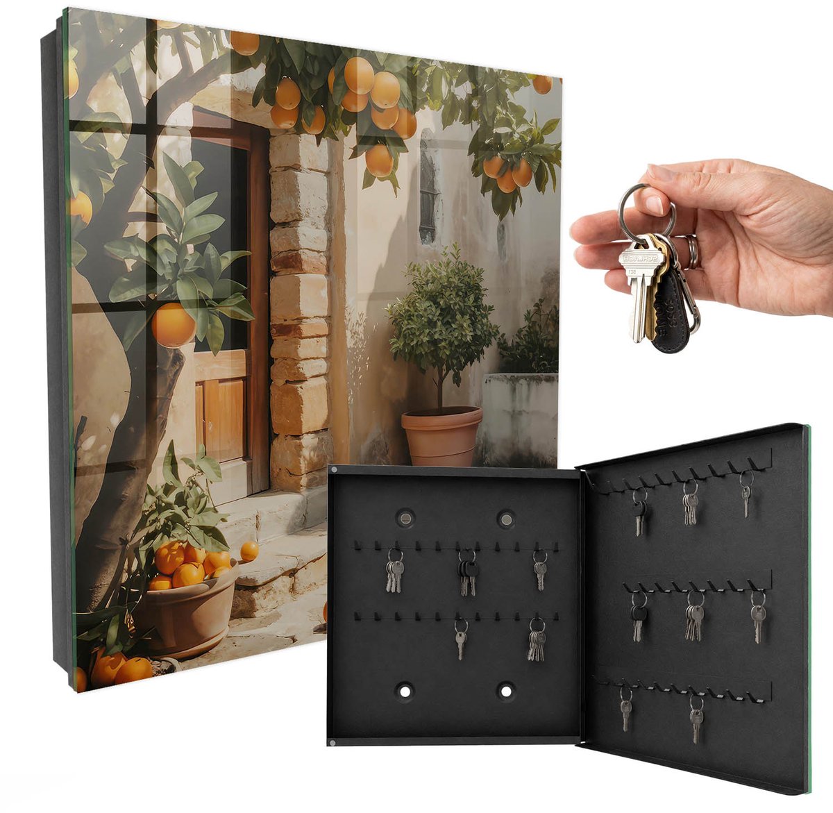 WallMuralia - Sleutelkast - 30x30x5 cm - met 50 haken - Sinaasappeltuin Sleutelkastje Gang - Oranje Sleutelbox - Rechtsopenend - Zwart interieur