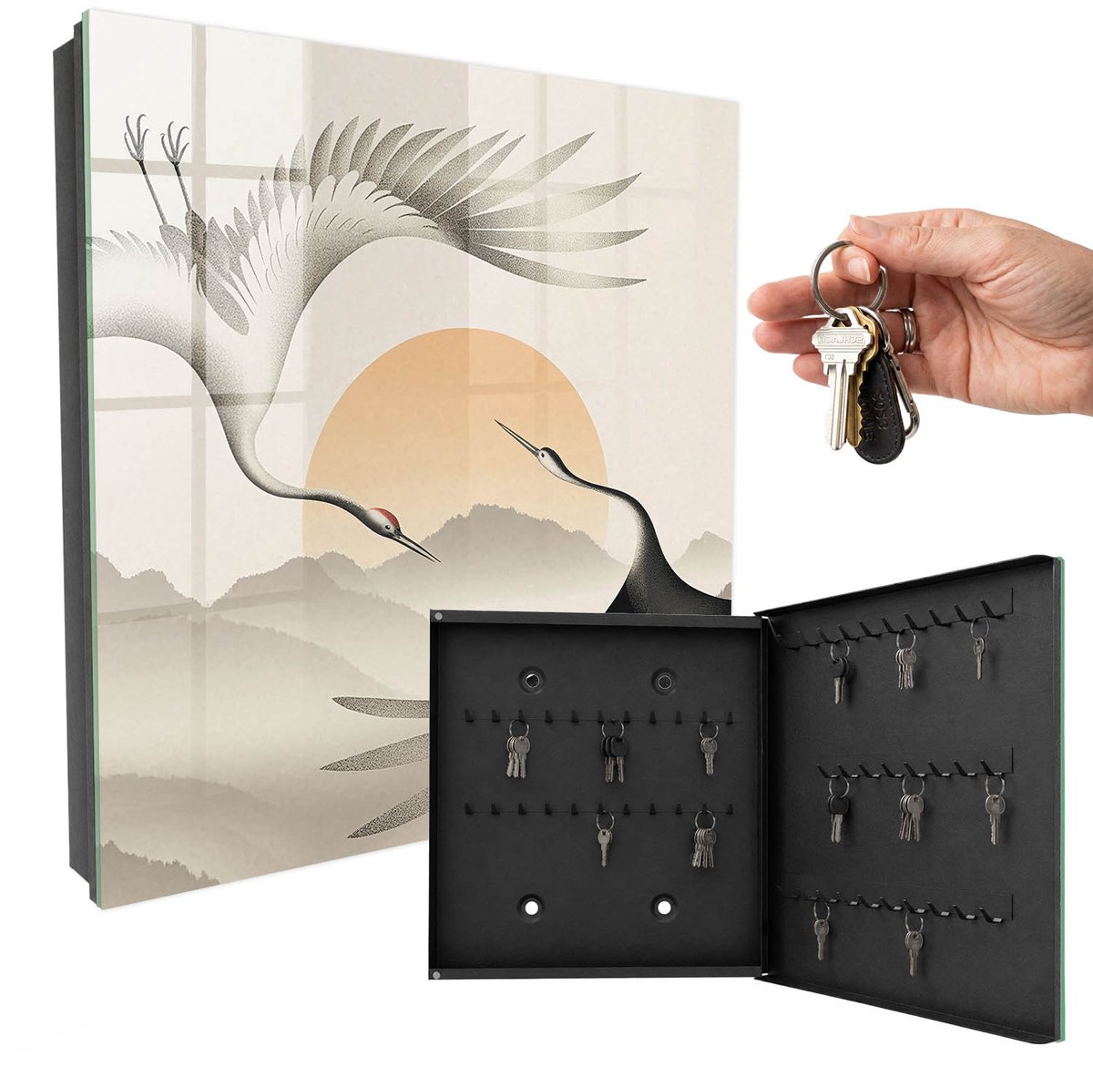 WallMuralia - Sleutelkast - 30x30x5 cm - met 50 haken - Japanse Kraanvogels Tegen De Achtergrond Van De Opkomende Zon. Sleutelkastje Huis - Grijs Sleutelbox - Rechtsopenend - Zwart interieur