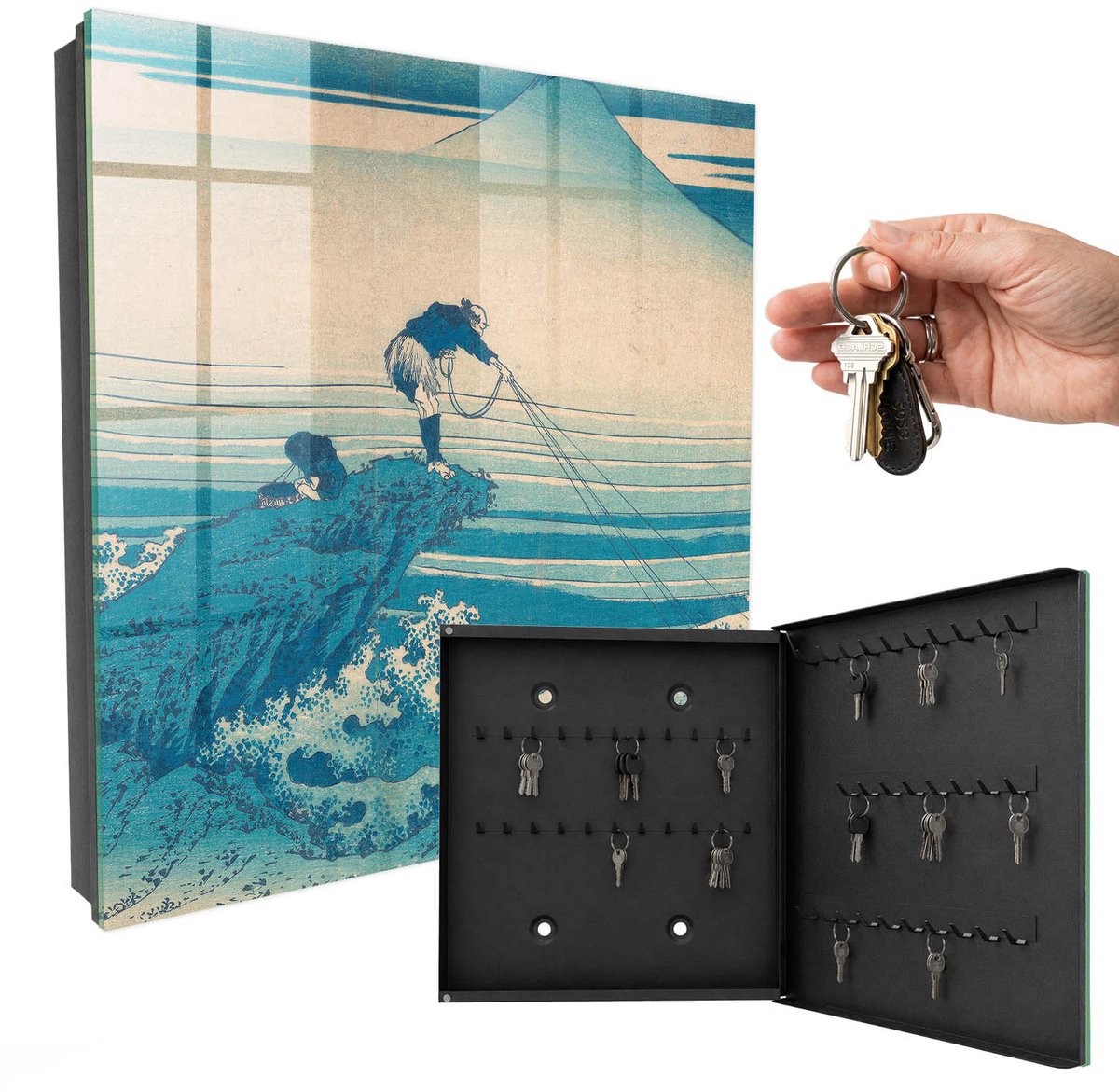 WallMuralia - Sleutelkast - 30x30x5 cm - met 50 haken - De Visser En De Golven Sleutelkastje Muur - Blauw Sleutelbox - Rechtsopenend - Zwart interieur
