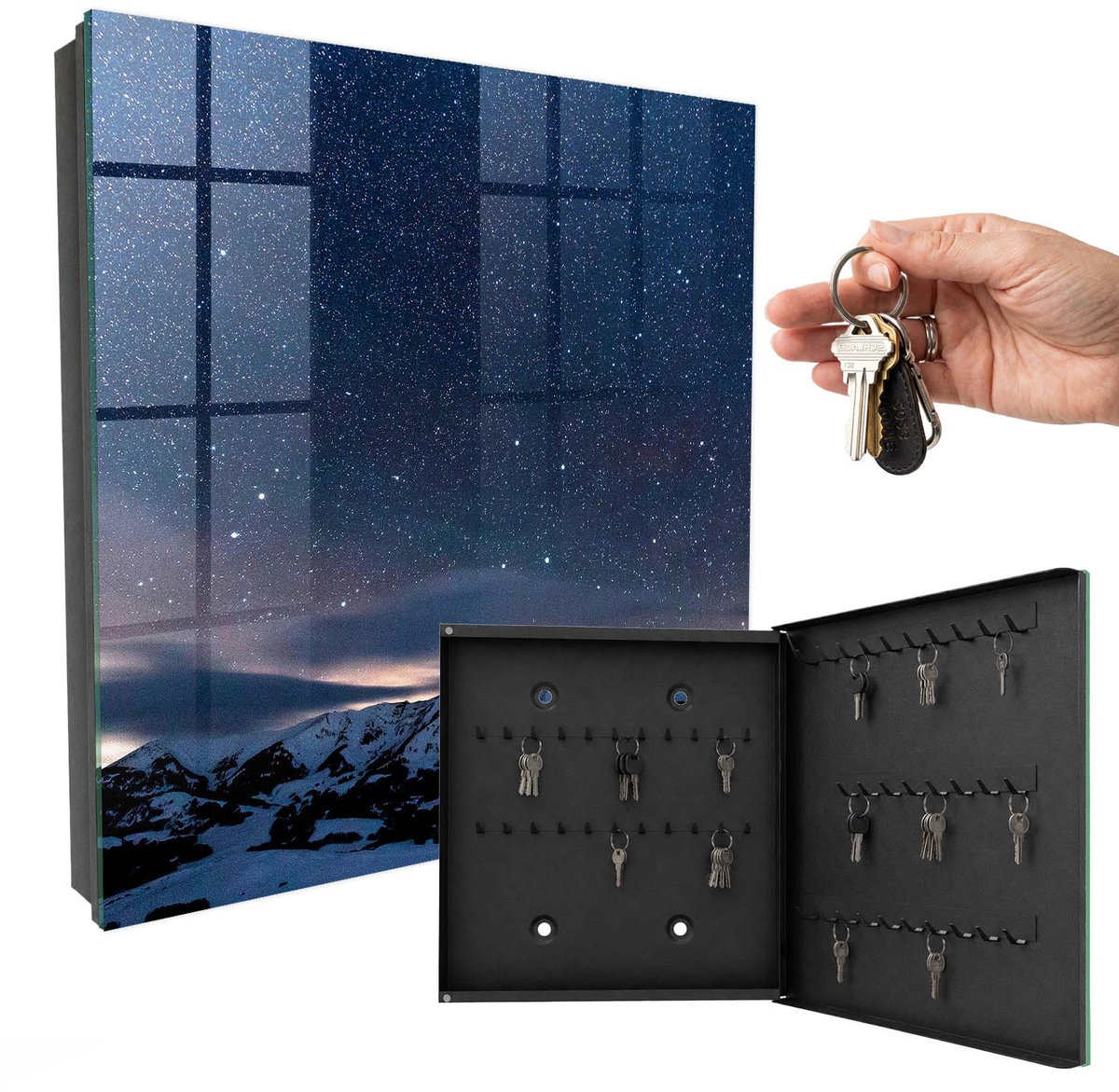 WallMuralia - Sleutelkast - 30x30x5 cm - met 50 haken - Bergnacht Sleutelkastje Klein - Blauw Sleutelbox - Rechtsopenend - Zwart interieur
