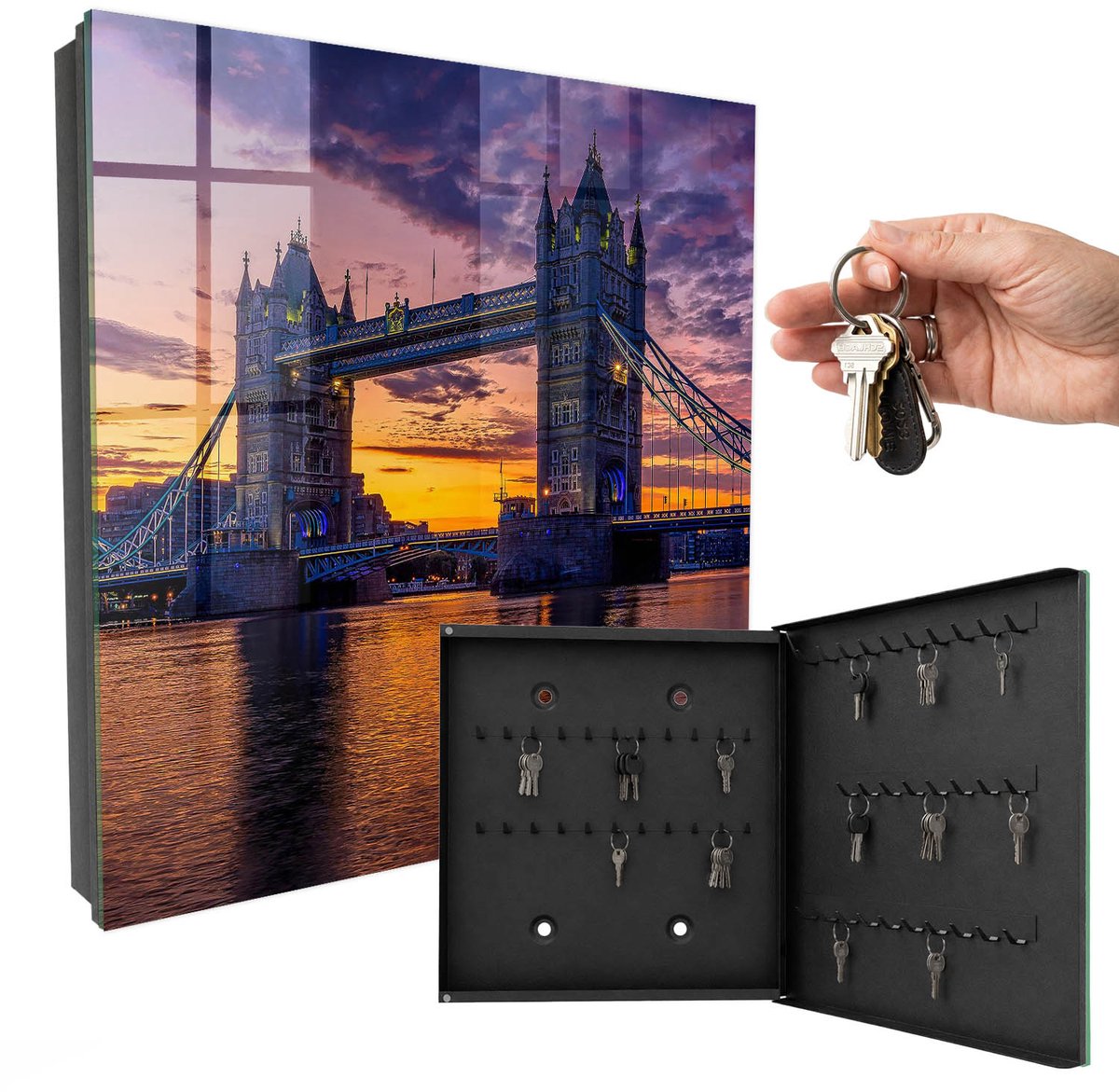 WallMuralia - Sleutelkast - 30x30x5 cm - met 50 haken - Een Magisch Uitzicht Sleutelkastje Klein - Paars Sleutelbox - Rechtsopenend - Zwart interieur