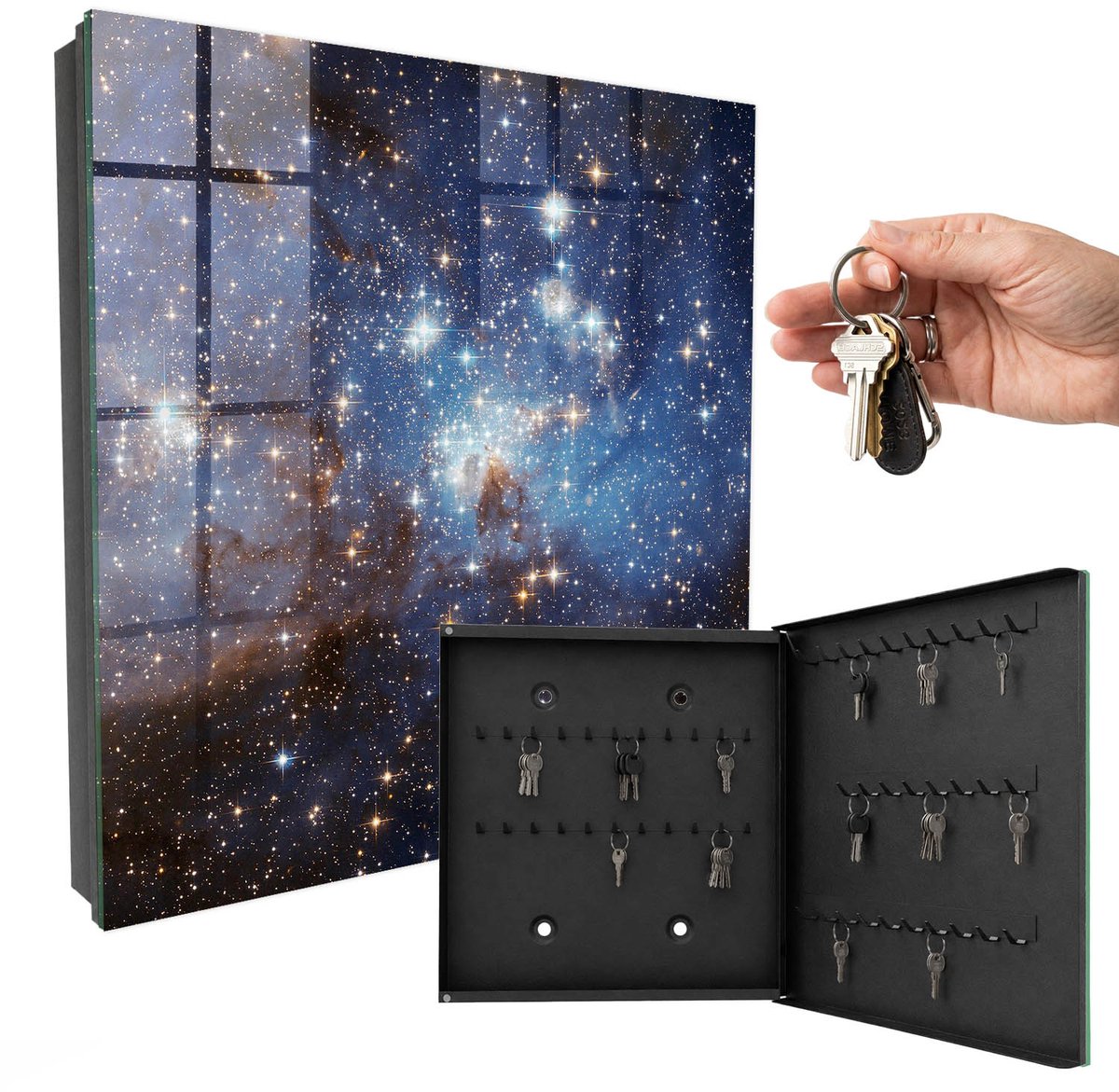WallMuralia - Sleutelkast - 30x30x5 cm - met 50 haken - Kosmische Ruimte Sleutelkastje Design - Blauw Sleutelbox - Rechtsopenend - Zwart interieur
